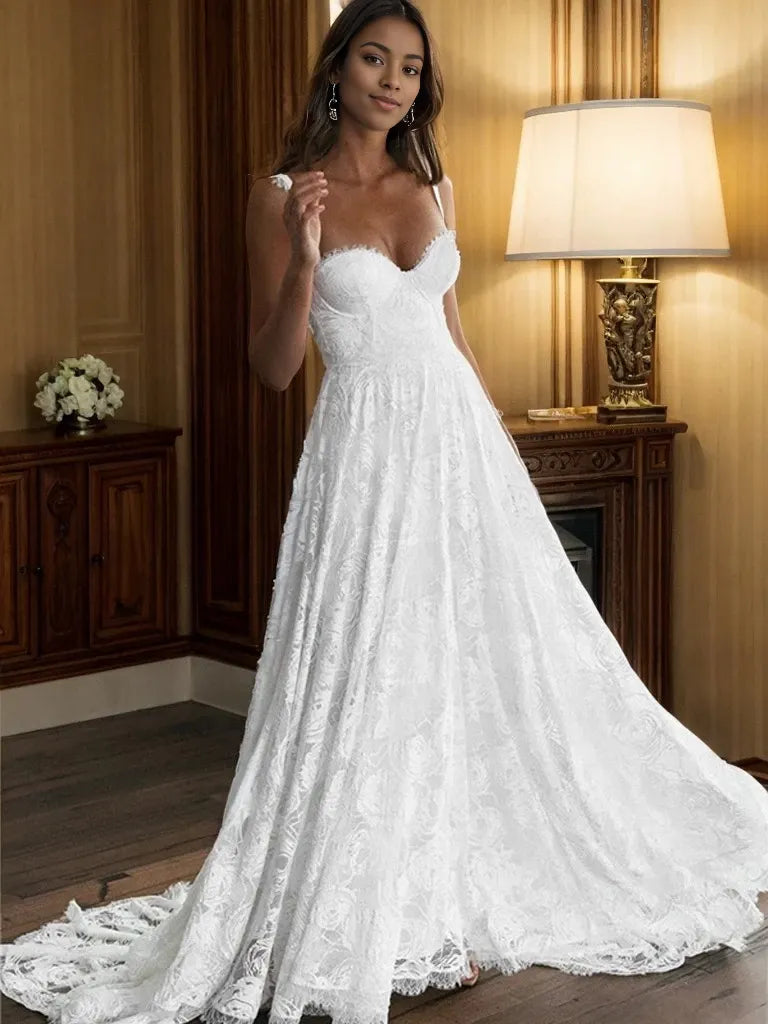 Straps Sleeveless Princess Lace Sweep Train Wedding Dresses