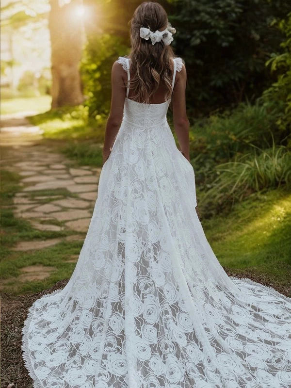 Straps Sleeveless Princess Lace Sweep Train Wedding Dresses