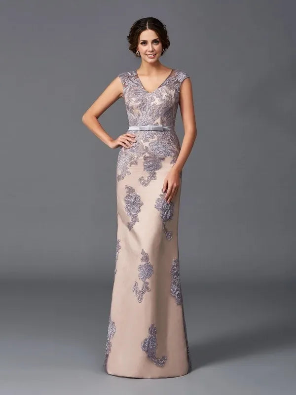 Straps Sleeveless Sheath Satin Floor-Length With Applique Dresses