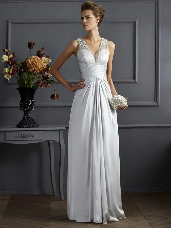 Straps Sleeveless Silk like Satin Floor-Length With Beading Dresses