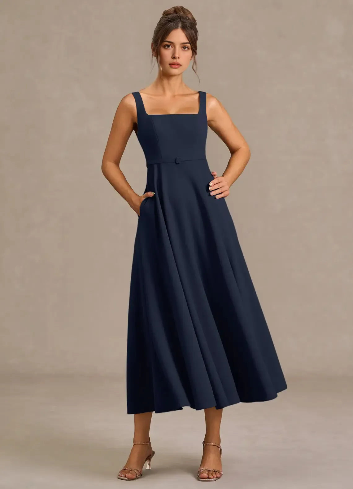 Streamlined A Line Square Neck Sleeveless Open Back Midi Length Female Prom Dress