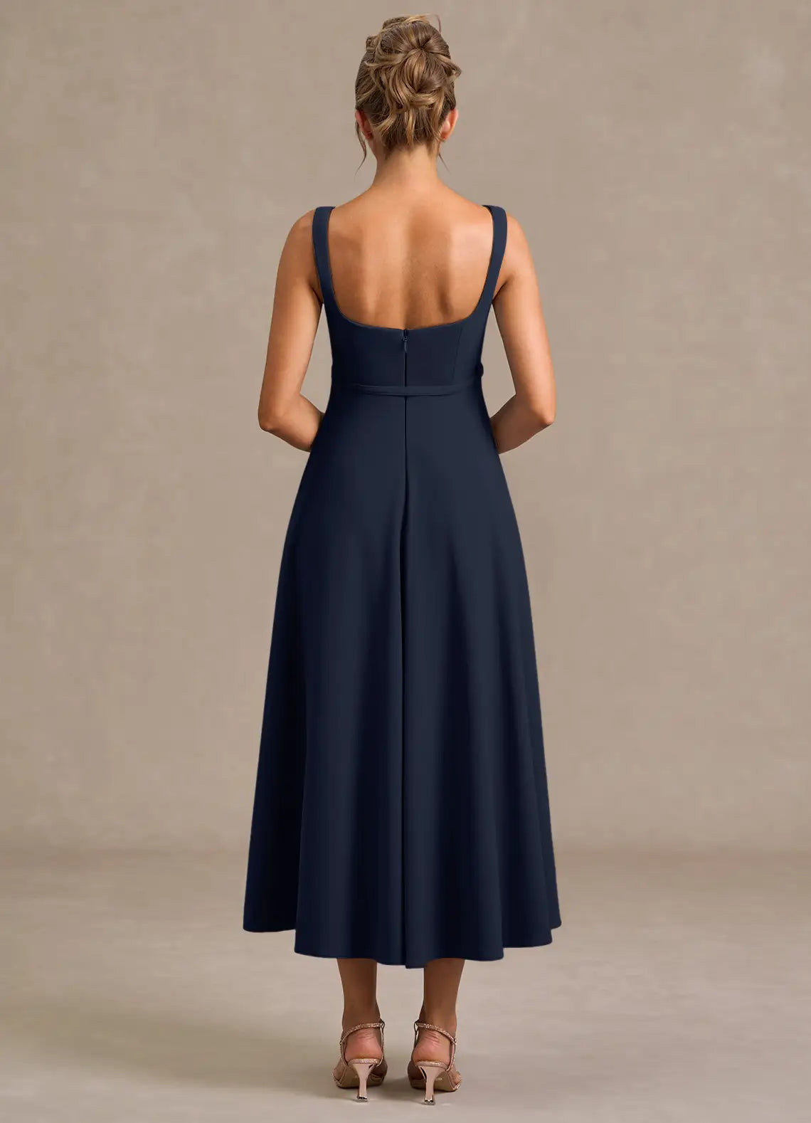 Streamlined A Line Square Neck Sleeveless Open Back Midi Length Female Prom Dress