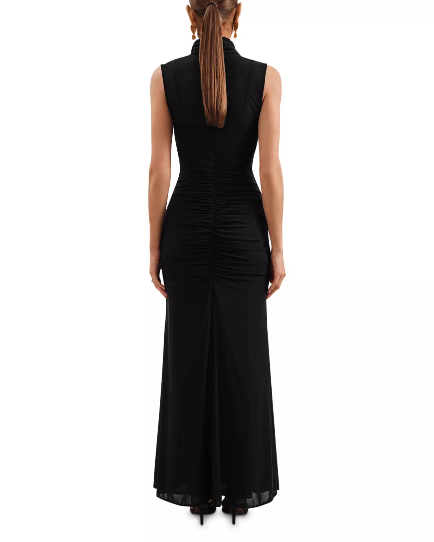 Streamlined Sheath Turtleneck Sleeveless Ruched Back Floor Length Female Prom Dress