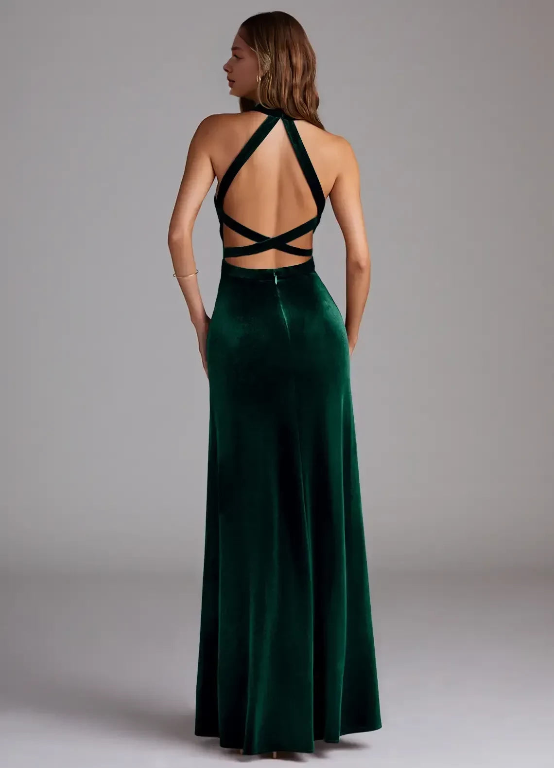 Striking A Line Halter Neck Sleeveless Criss Cross Back Floor Length Bridesmaid Dress