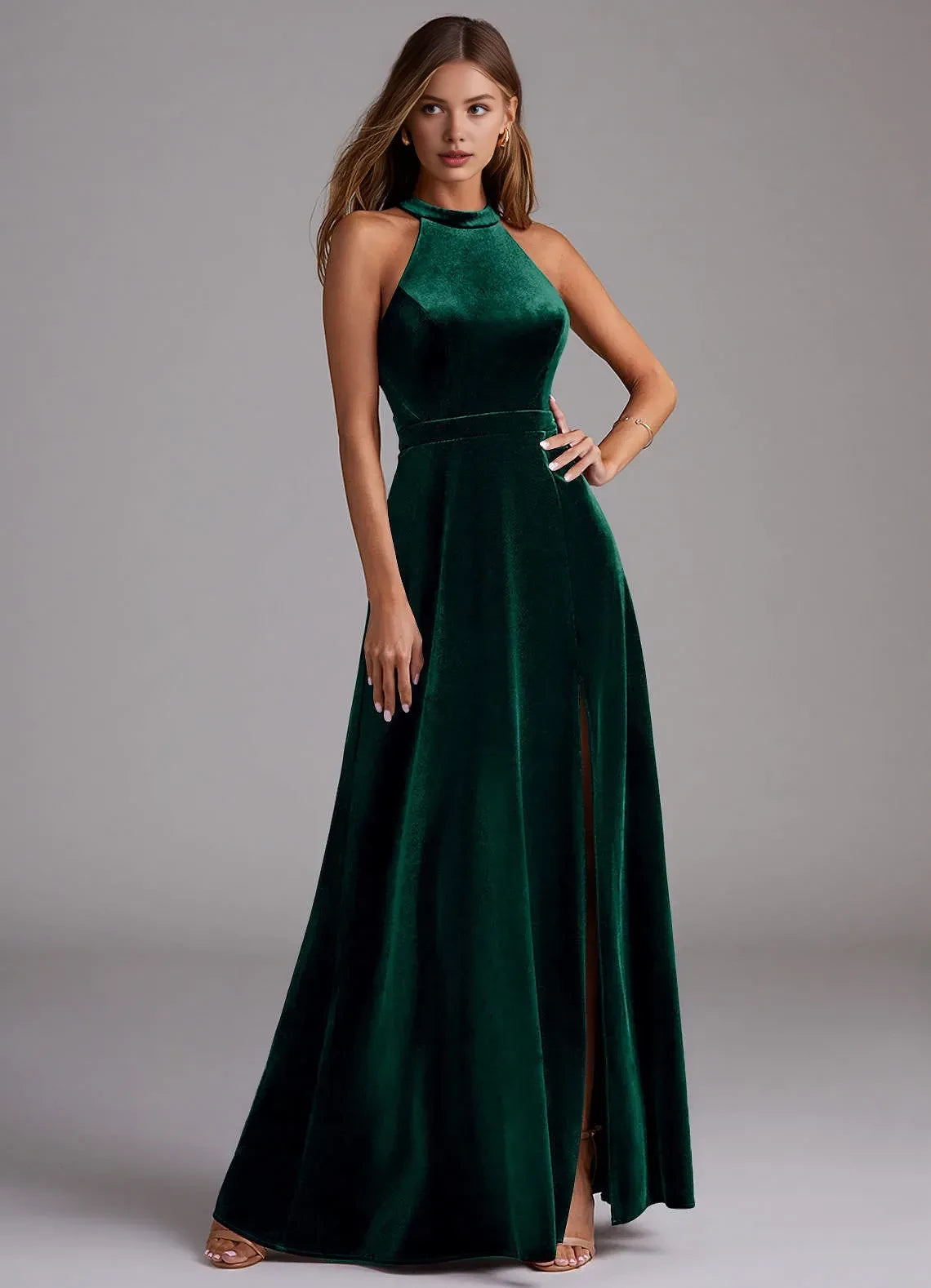 Striking A Line Halter Neck Sleeveless Criss Cross Back Floor Length Bridesmaid Dress