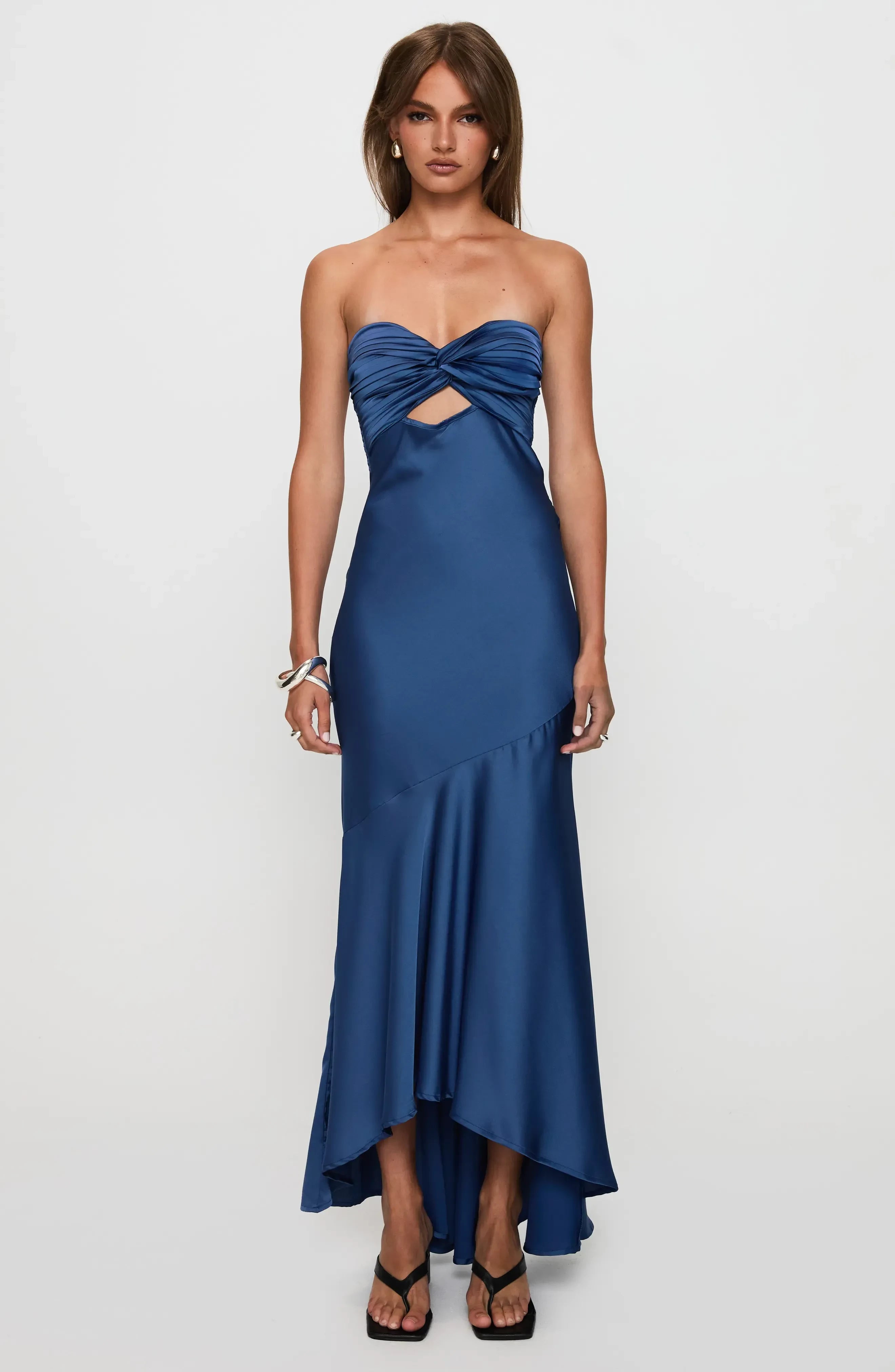Striking Mermaid Strapless Sleeveless Cutout Back High Low Evening Dress