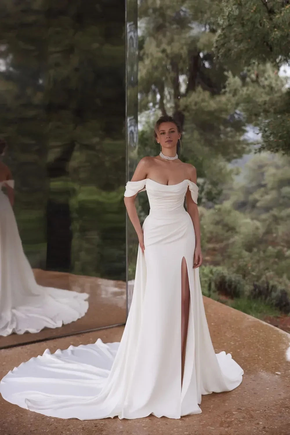 Striking Off Shoulder Trumpet Ruched Zip Back Train Length Wedding Dress