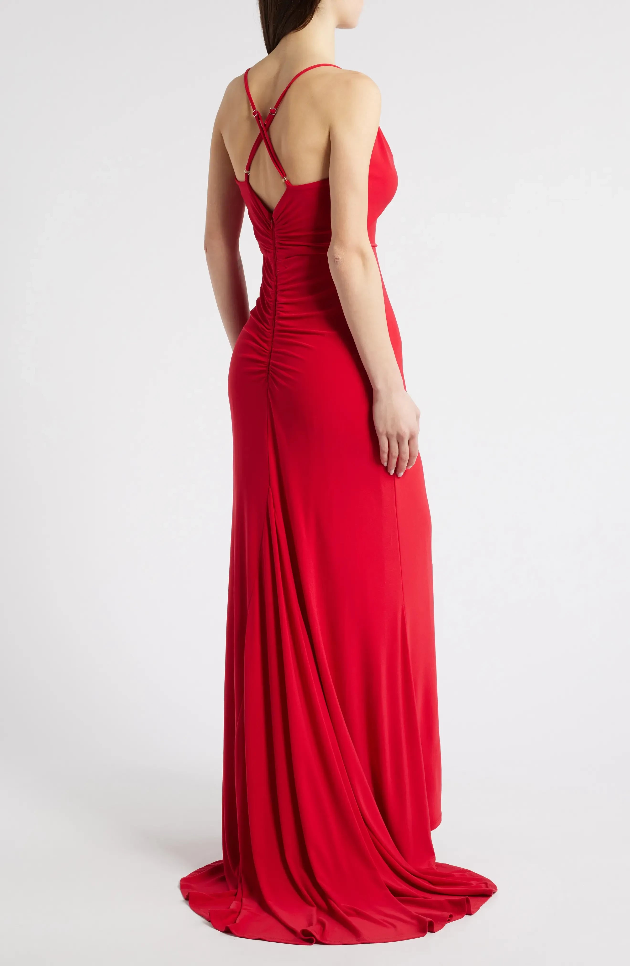 Striking Sheath Cowl Neck Sleeveless Criss Cross Back Floor Length Evening Dress