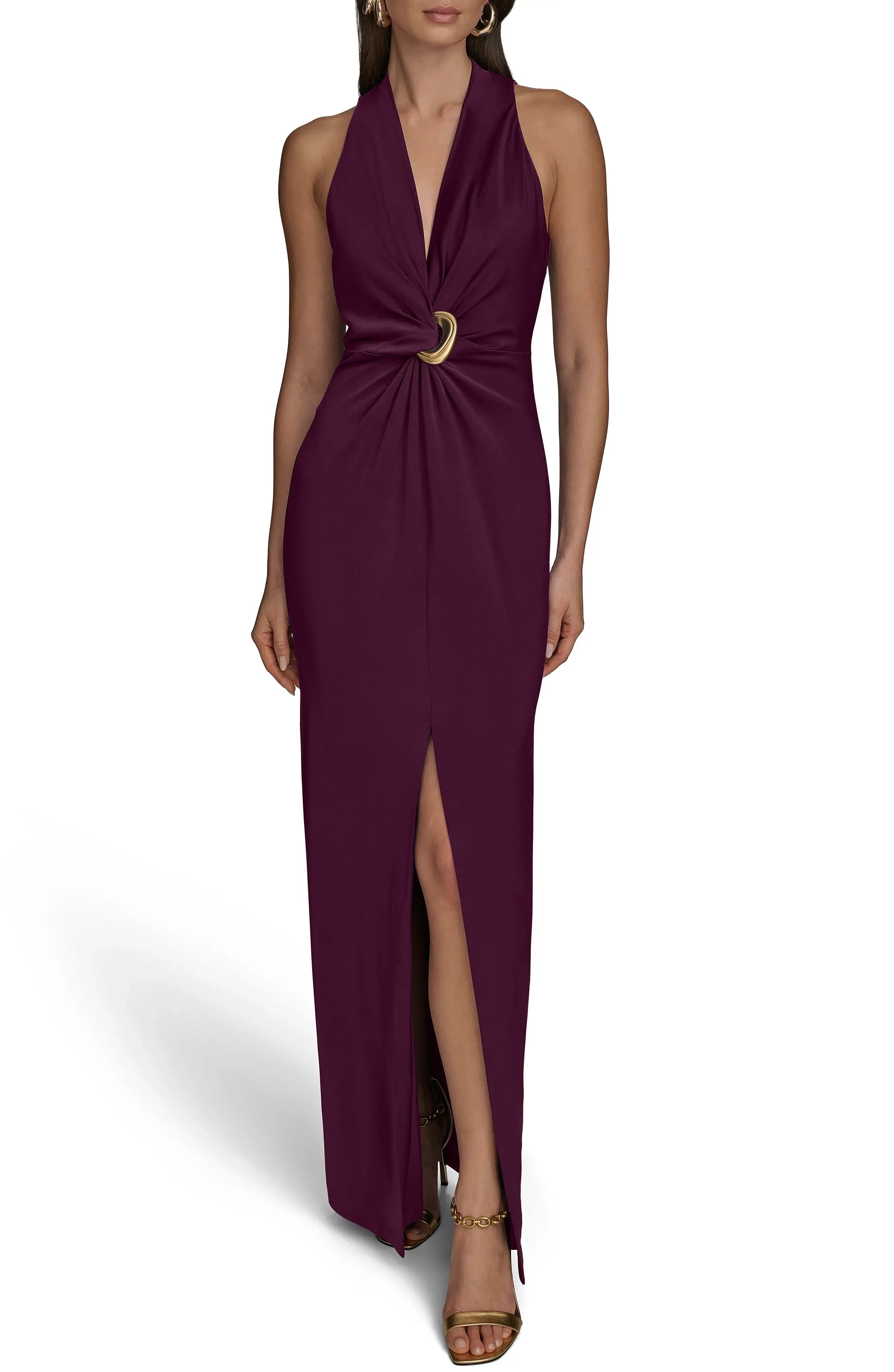 Striking Sheath Halter Neck Sleeveless Zipper Back Floor Length Evening Dress