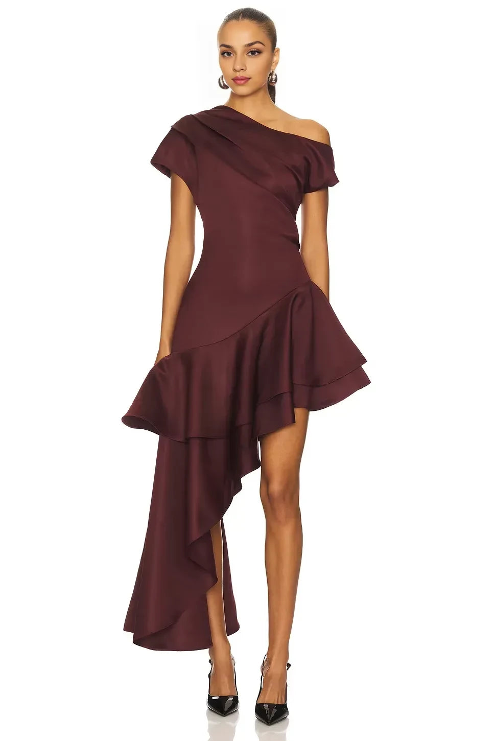 Striking Sheath One Shoulder Short Sleeve Zipper Back High Low Evening Dress