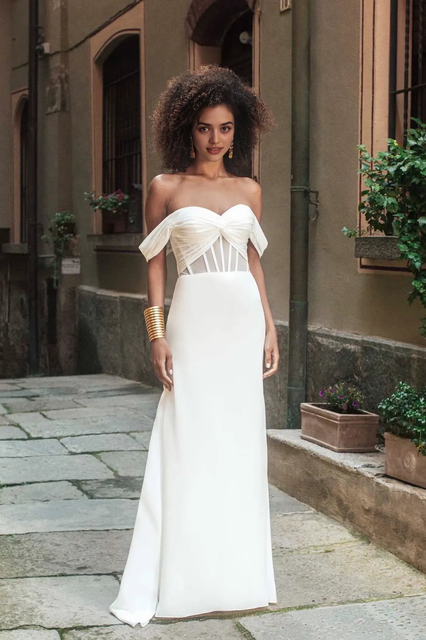 Striking Trumpet Sweetheart Neckline Off Shoulder Button Back Floor Length Wedding Dress