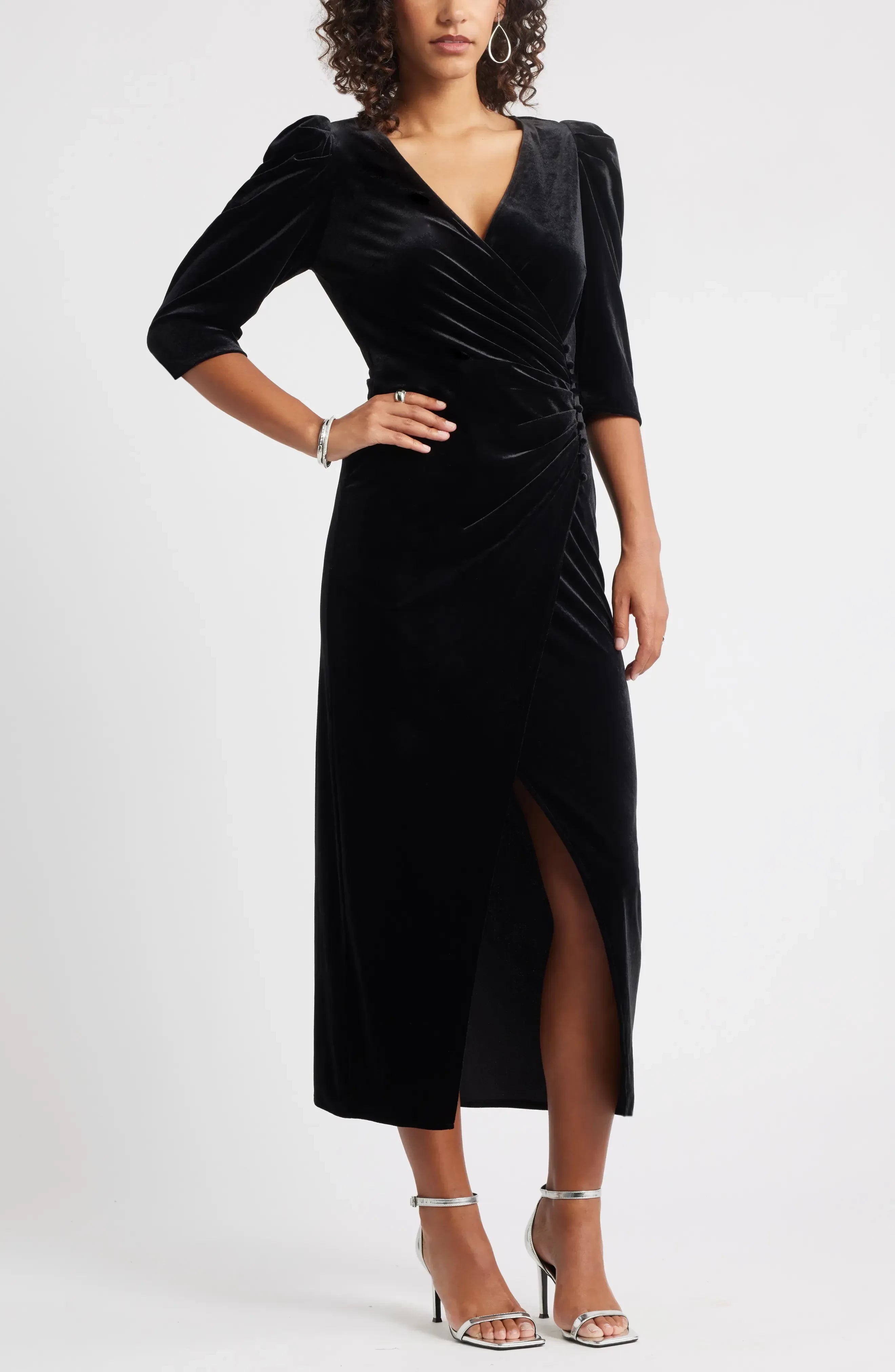 Striking Wrap V Neck Puff Sleeve Zipper Back Midi Length Bridesmaid Dress