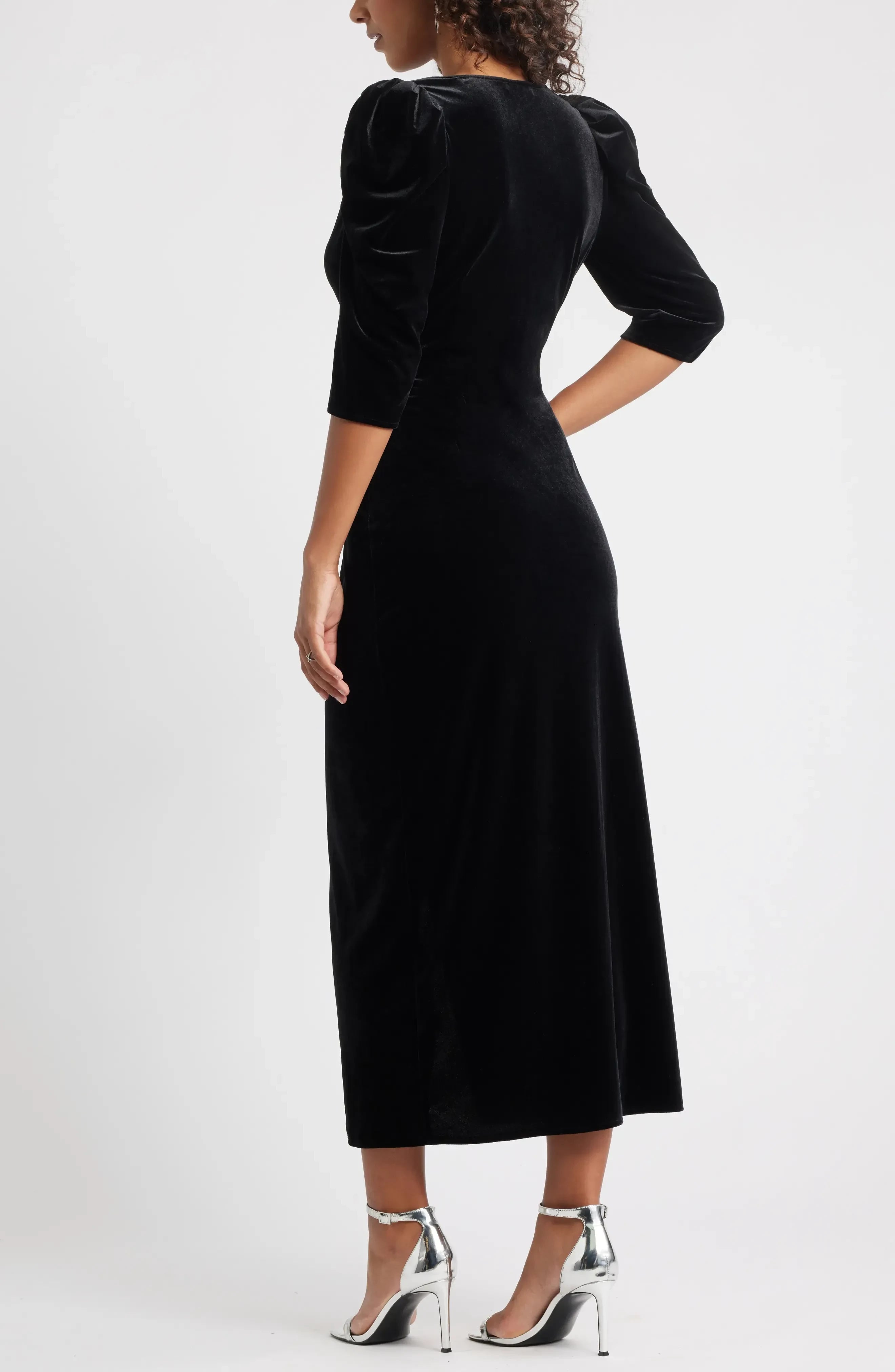 Striking Wrap V Neck Puff Sleeve Zipper Back Midi Length Bridesmaid Dress