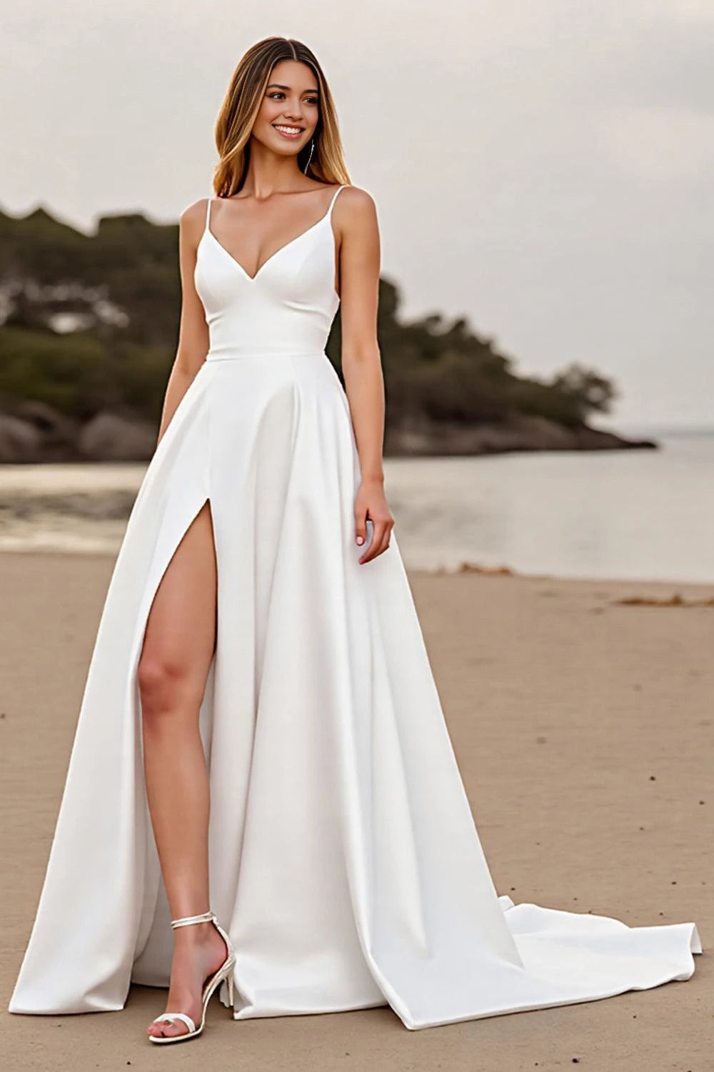 Stunning A Line Deep V Neck Spaghetti Strap Button Back Floor Length Wedding Dress