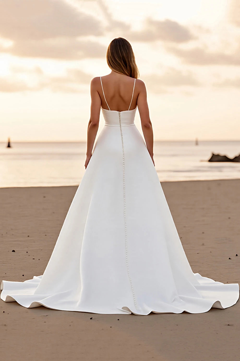 Stunning A Line Deep V Neck Spaghetti Strap Button Back Floor Length Wedding Dress
