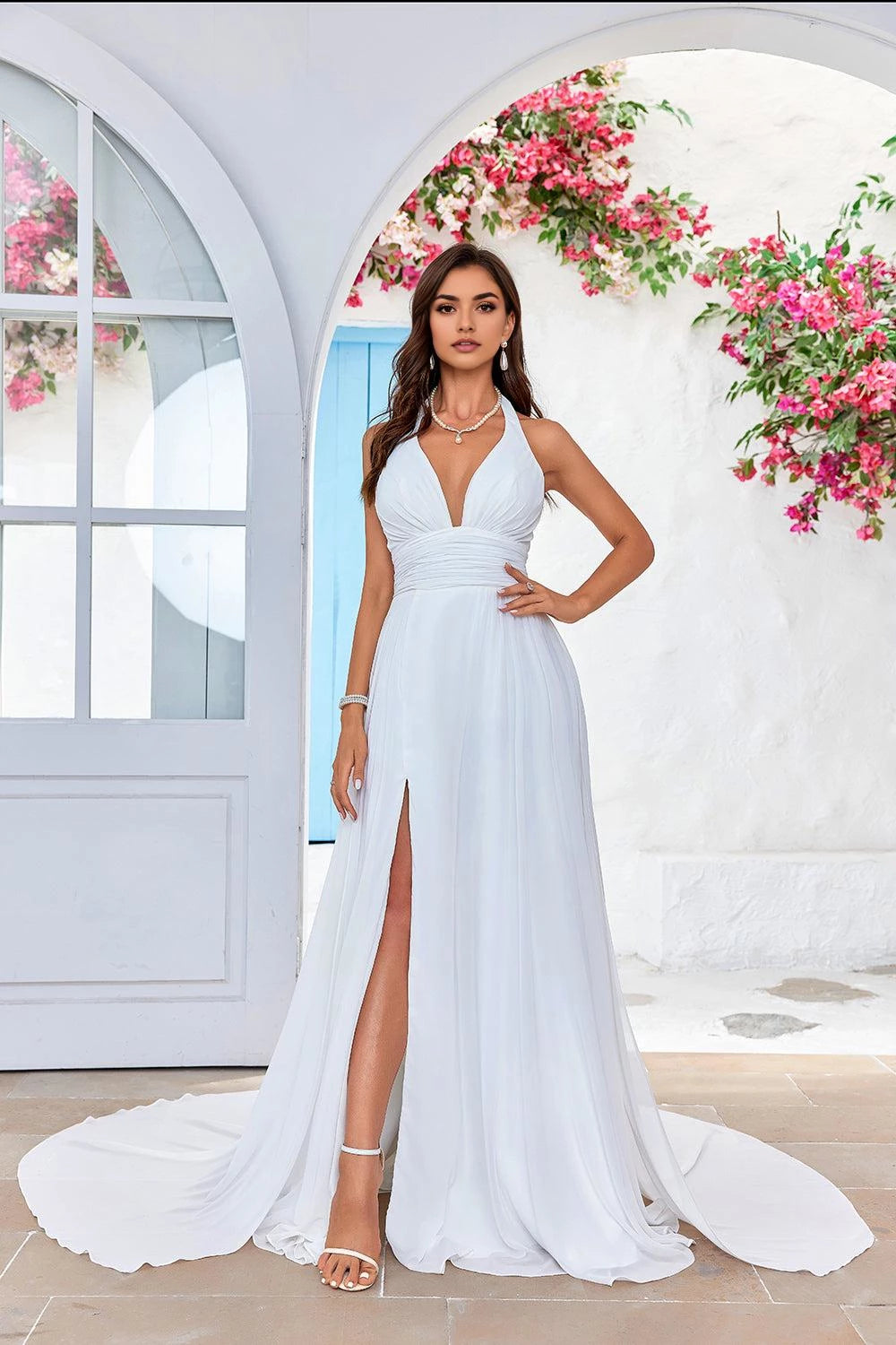 Stunning A Line Halter Neck Sleeveless Open Back Floor Length Wedding Dress
