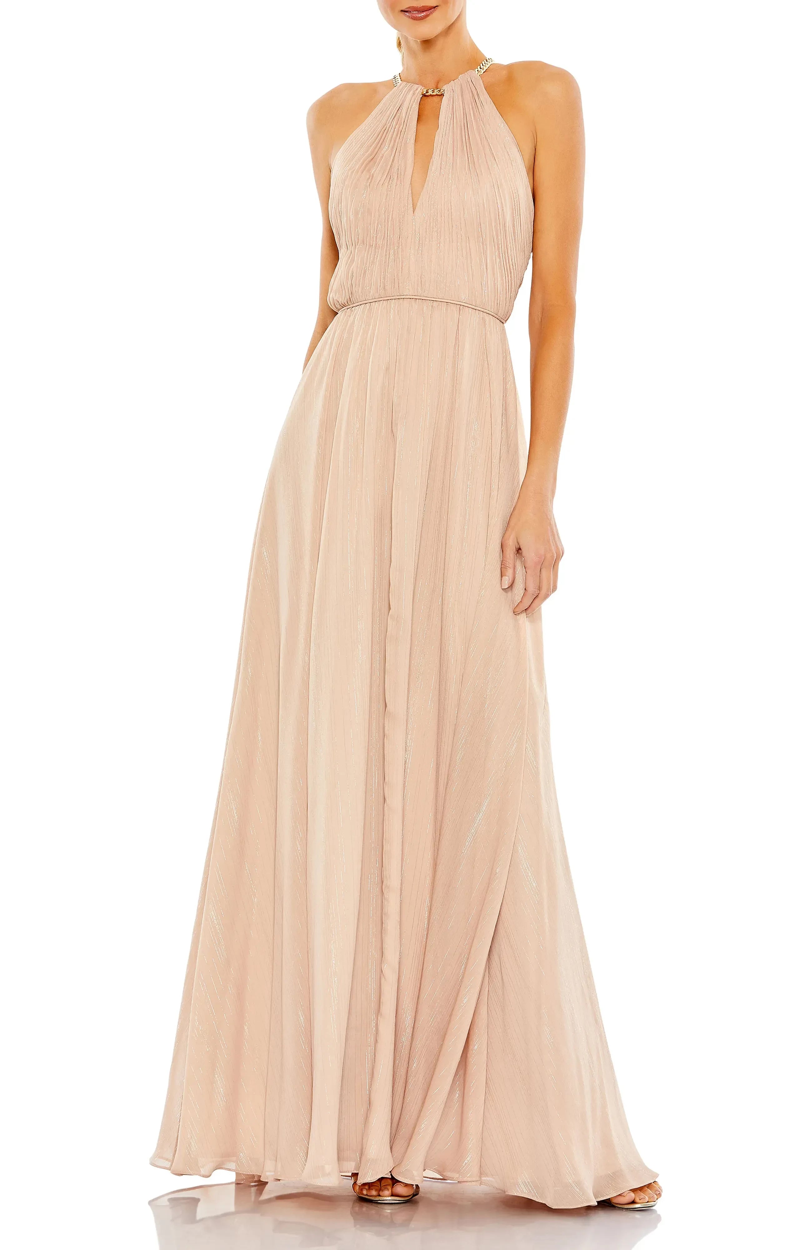 Stunning A Line Halter Neck Sleeveless Open Back Floor Length Evening Dress