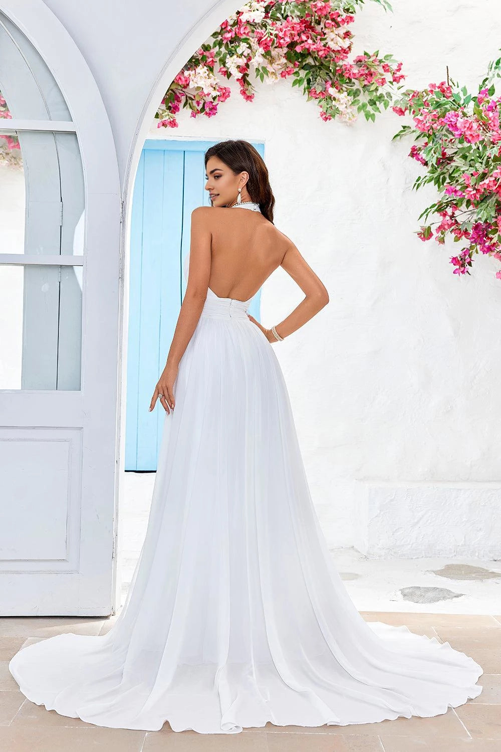Stunning A Line Halter Neck Sleeveless Open Back Floor Length Wedding Dress