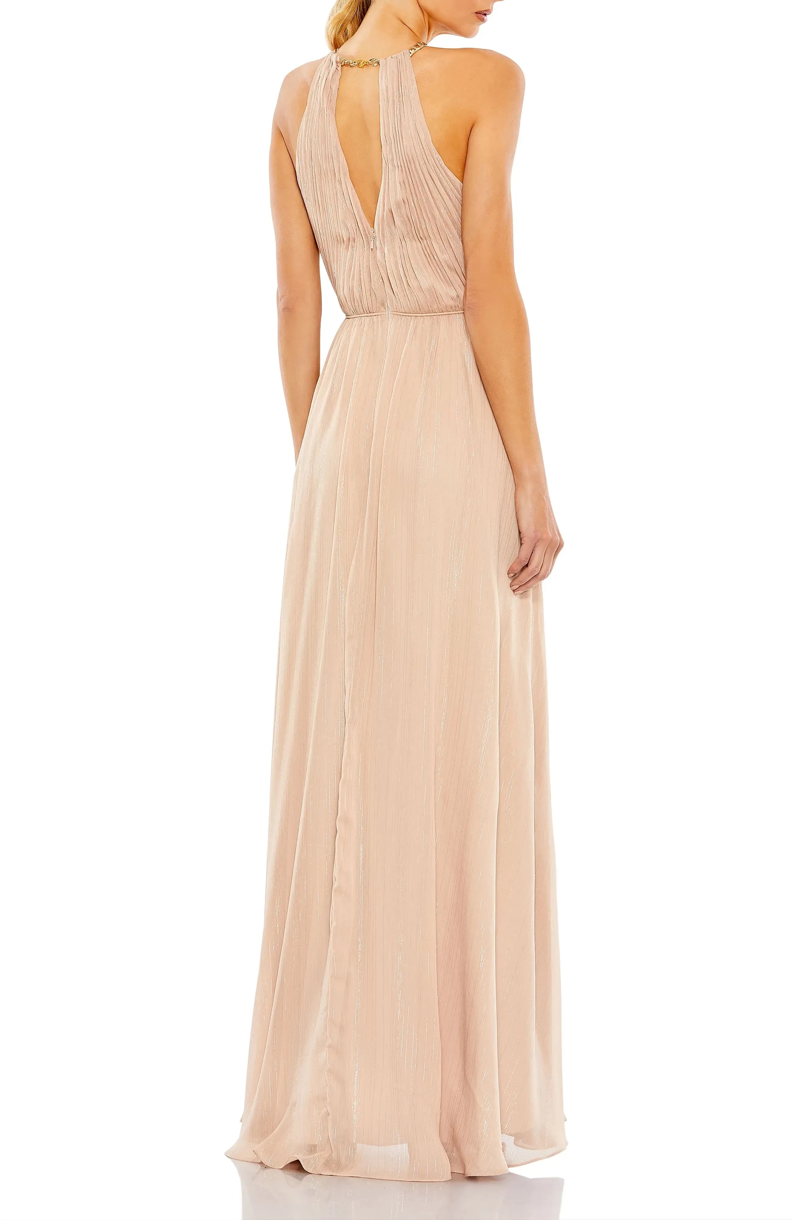 Stunning A Line Halter Neck Sleeveless Open Back Floor Length Evening Dress