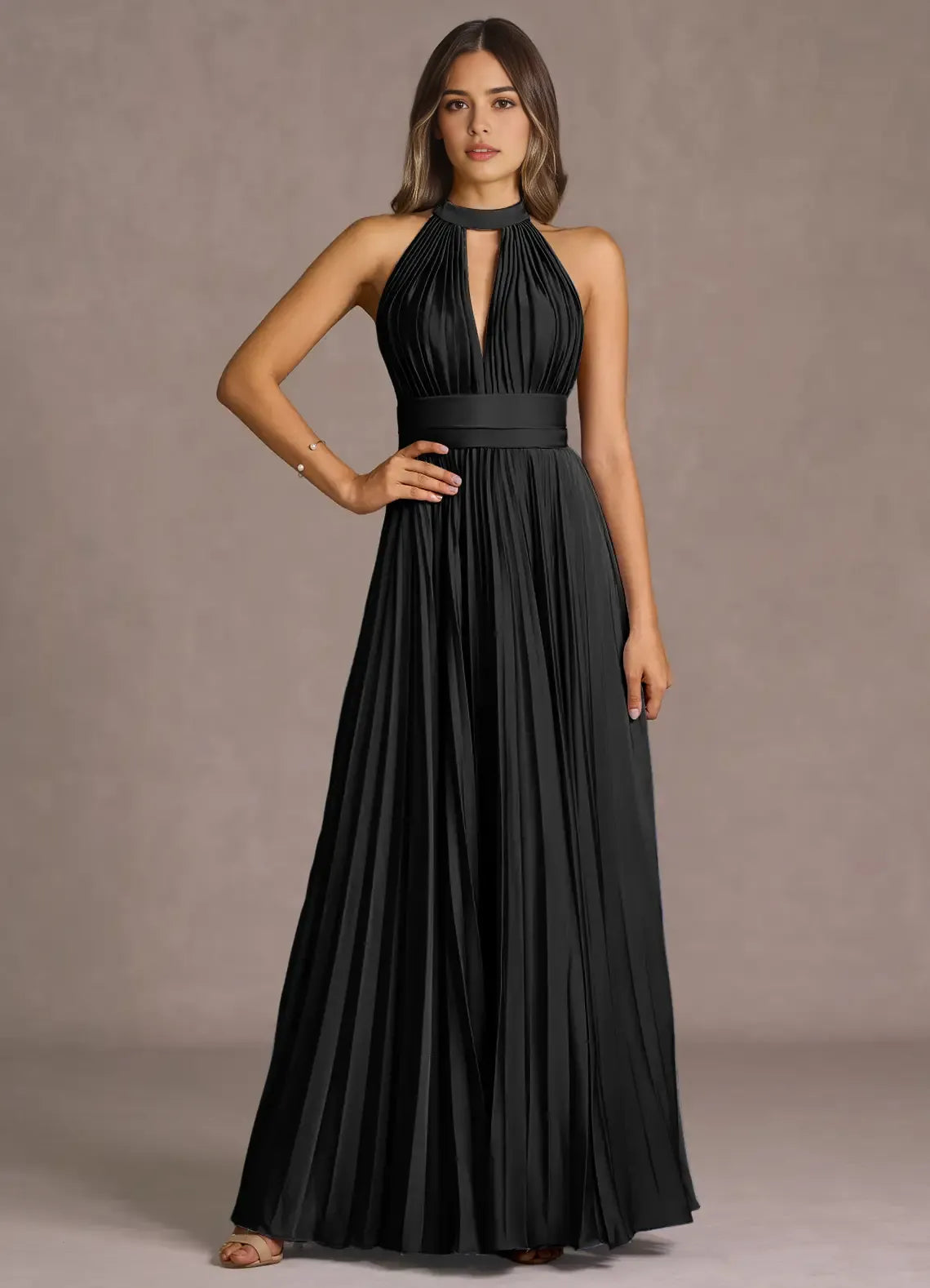 Stunning A Line Keyhole Halter Sleeveless Open Back Floor Length Female Prom Dress