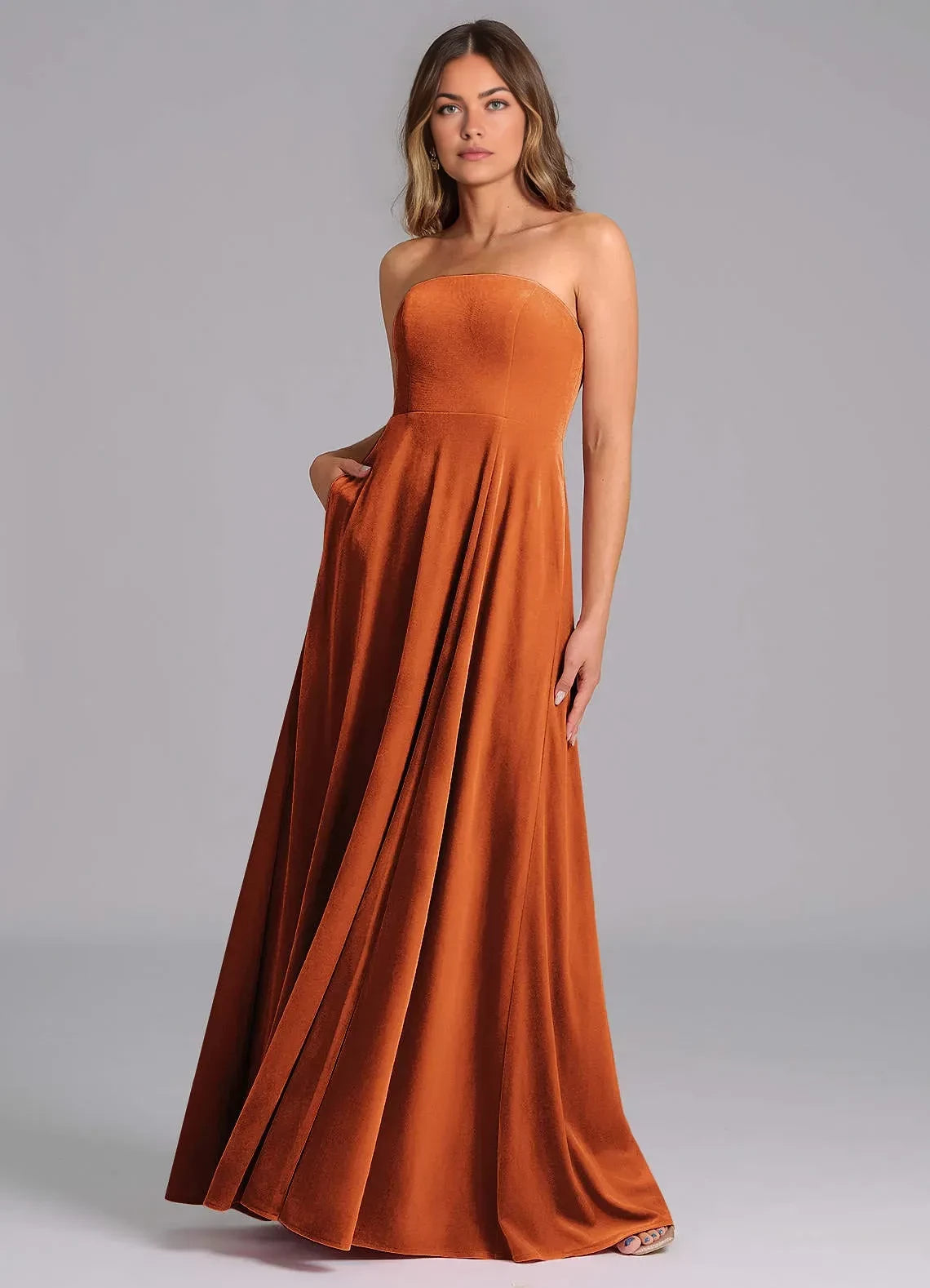 Stunning A Line Strapless Sleeveless Open Back Floor Length Bridesmaid Dress