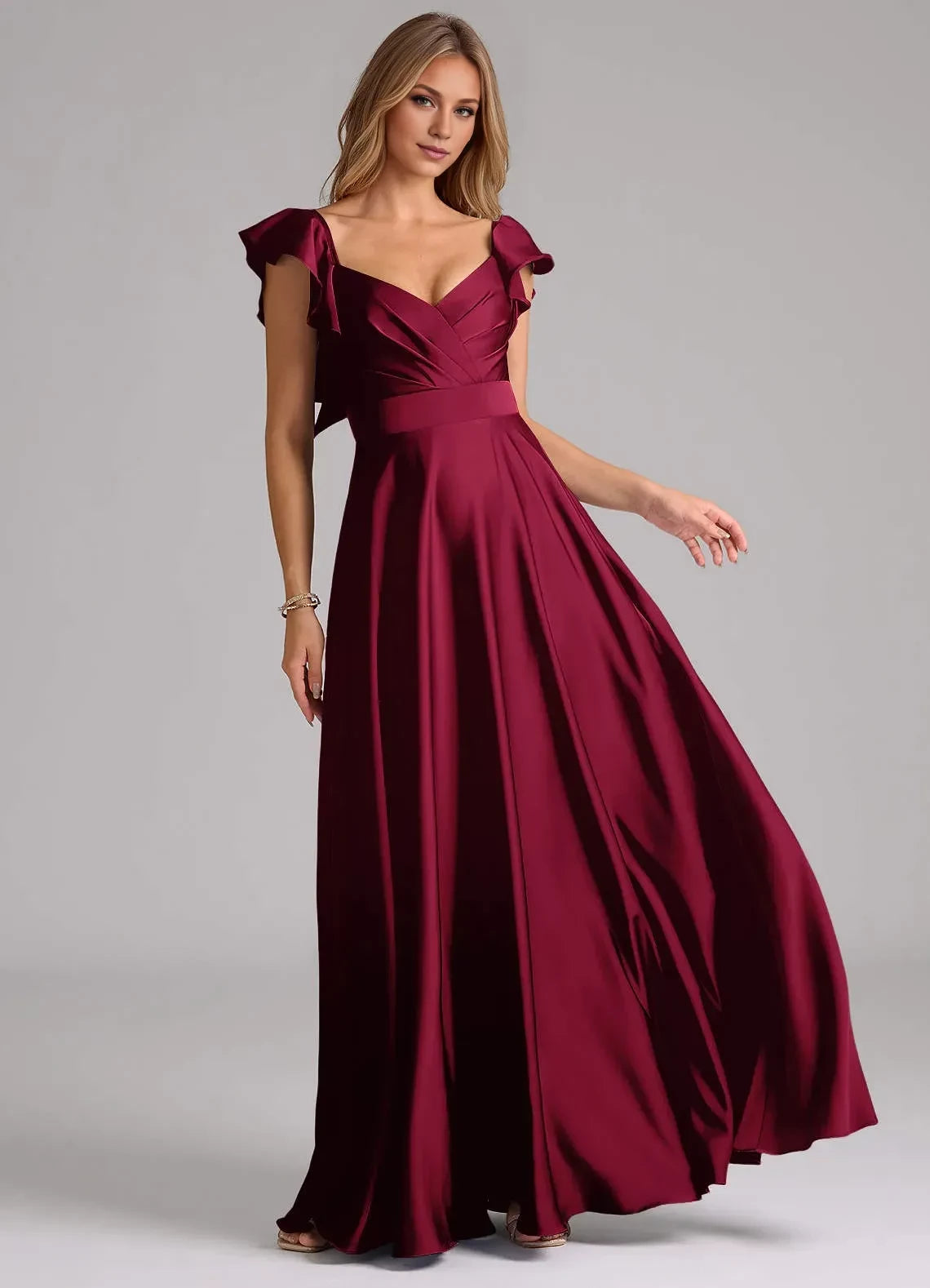Stunning A Line Sweetheart Neck Ruffle Sleeve Open Back Floor Length Bridesmaid Dress