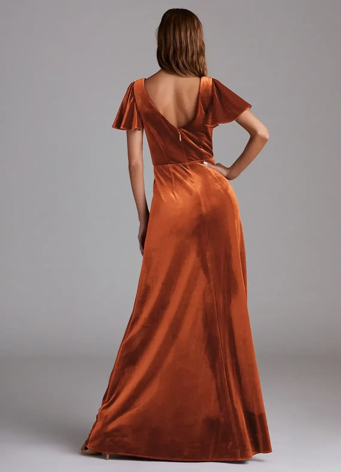 Stunning A Line V Neck Flutter Sleeve V Back Floor Length Bridesmaid Dress ﻿