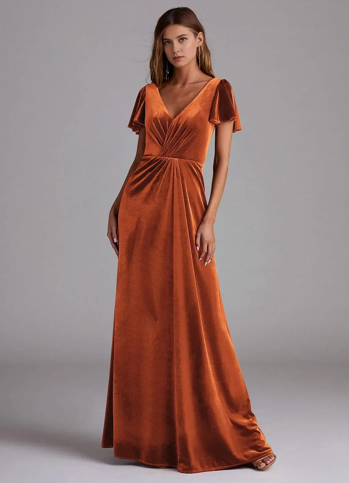 Stunning A Line V Neck Flutter Sleeve V Back Floor Length Bridesmaid Dress ﻿