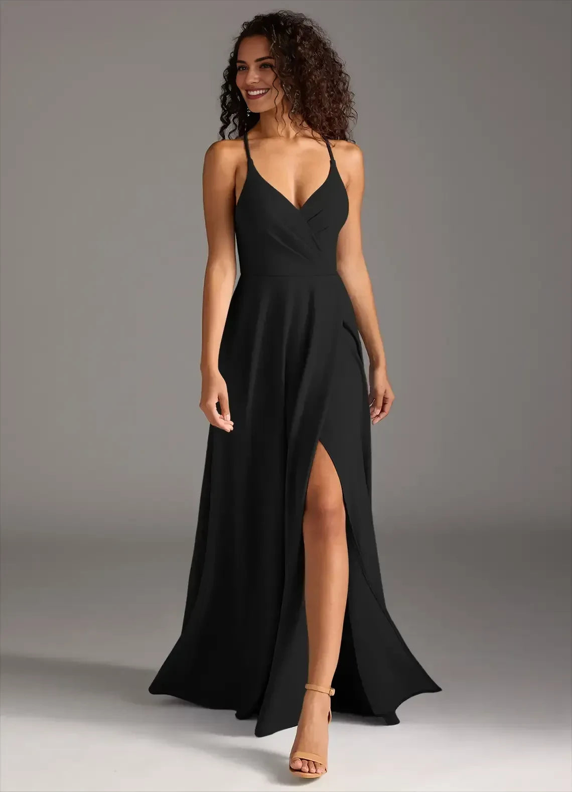 Stunning A Line V Neck Sleeveless Crisscross Back Floor Length Bridesmaid Dress