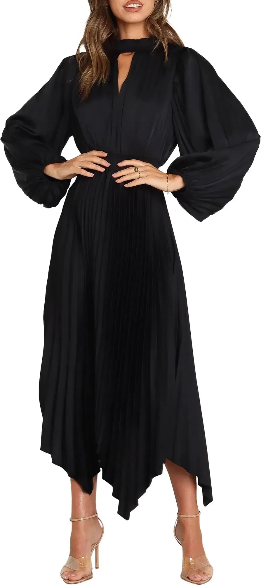 Stunning Asymmetrical Mock Neck Puff Sleeve Keyhole Back Midi Evening Dress