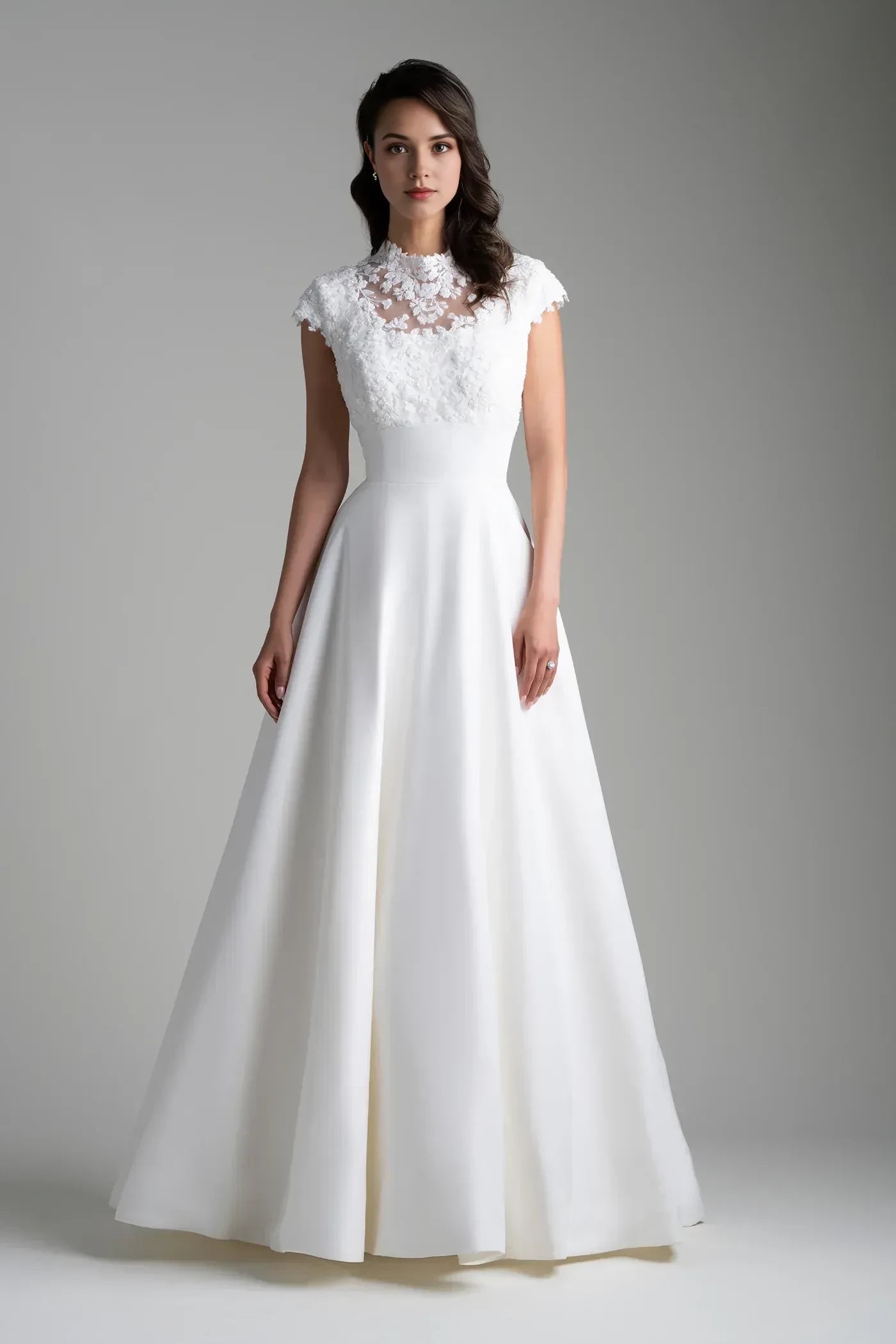Stunning Ball Gown High Neck Cap Sleeve Button Back Floor Length Wedding Dress