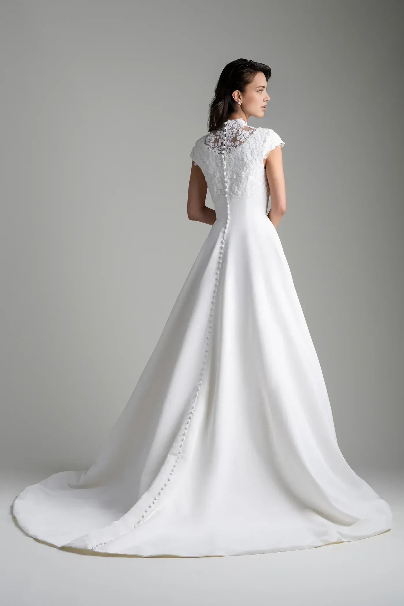 Stunning Ball Gown High Neck Cap Sleeve Button Back Floor Length Wedding Dress