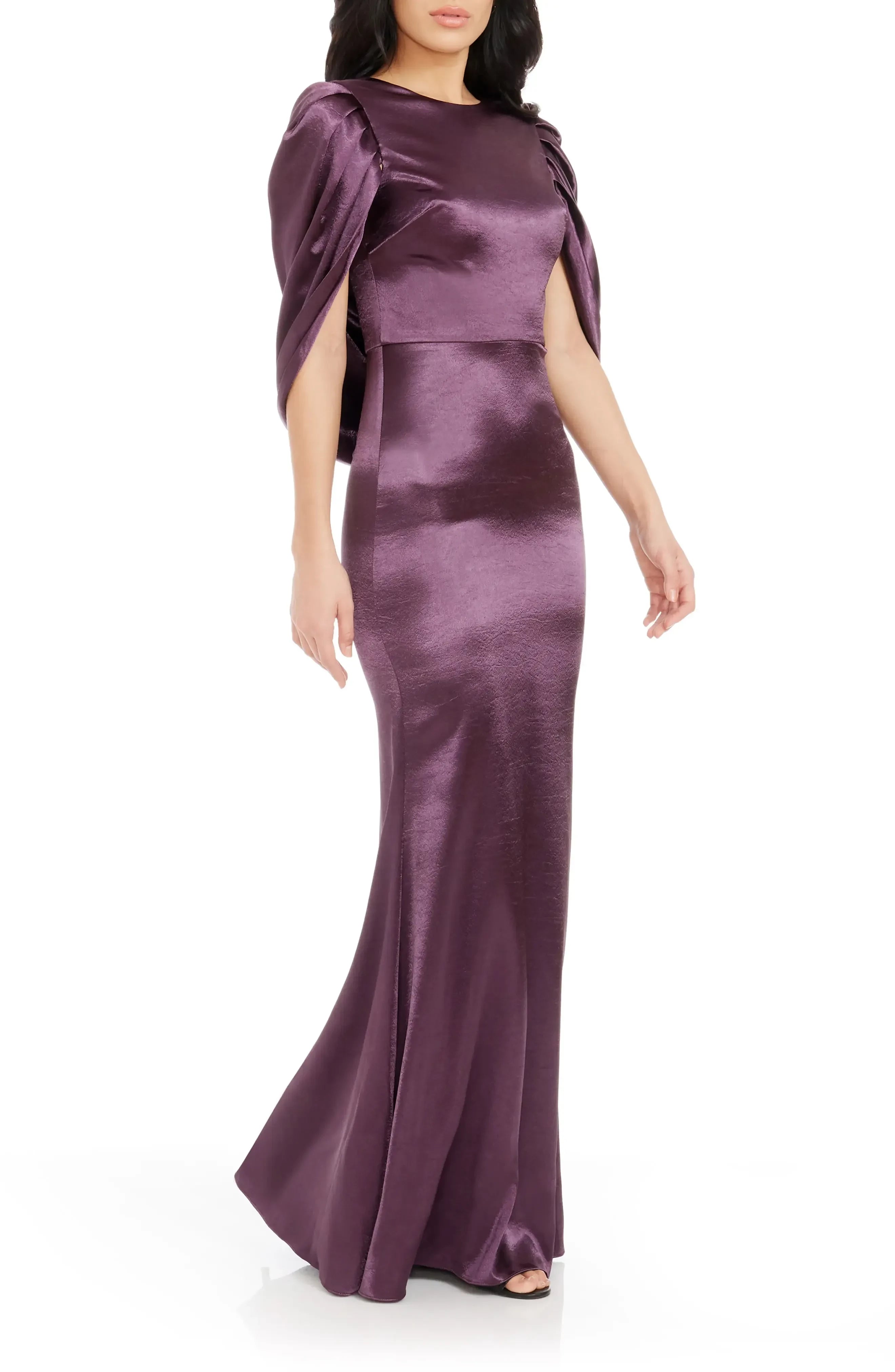 Stunning Mermaid Crew Neck Cape Sleeve Draped Back Floor Length Evening Dress