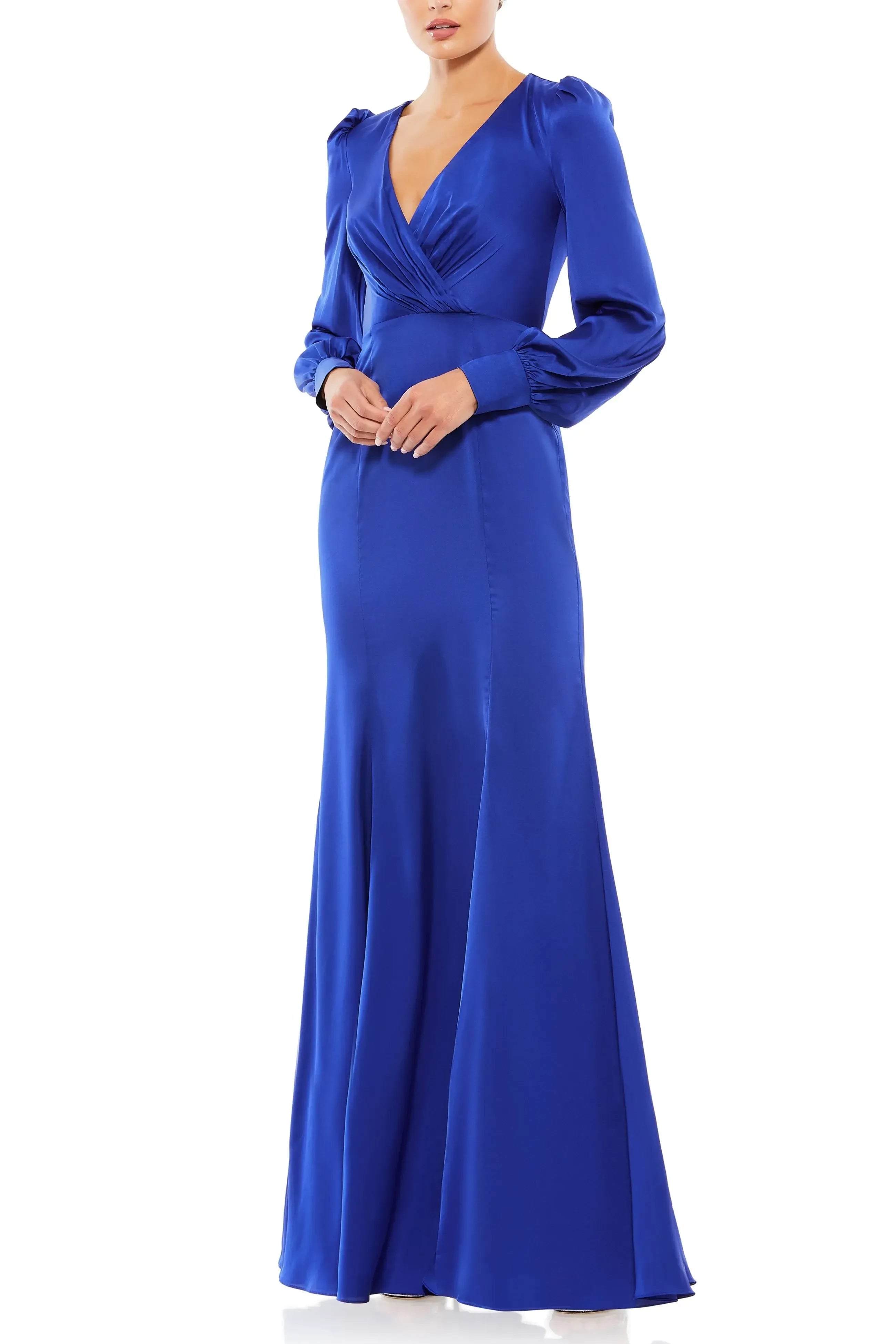 Stunning Mermaid Deep V Neck Puff Long Sleeve Zipper Back Floor Length Evening Dress