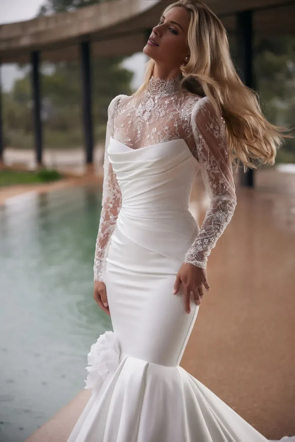 Stunning Mermaid High Neck Lace Long Sleeve Lace Up Back Train Length Wedding Dress