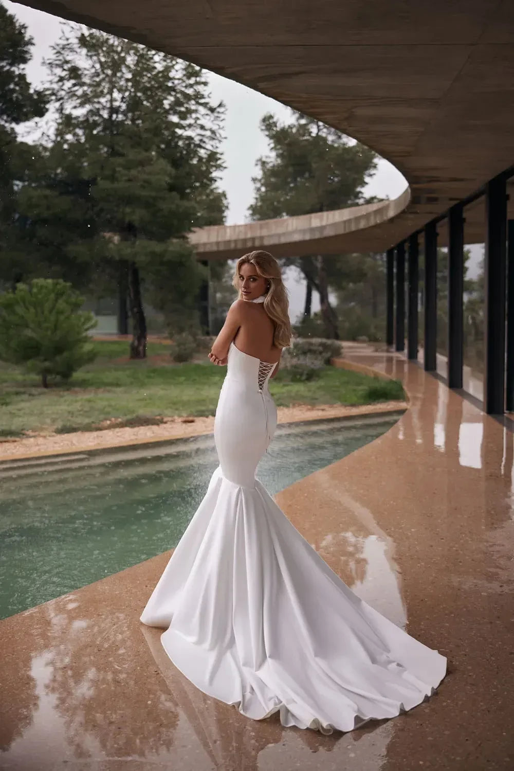 Stunning Mermaid High Neck Lace Long Sleeve Lace Up Back Train Length Wedding Dress