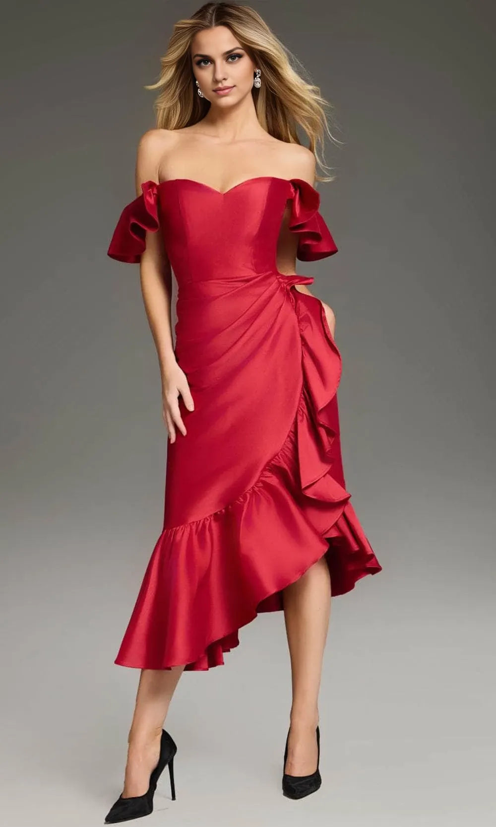 Stunning Mermaid Off Shoulder Ruffle Sleeve Zipper Back High Low Evening Dress Homecoming Dress