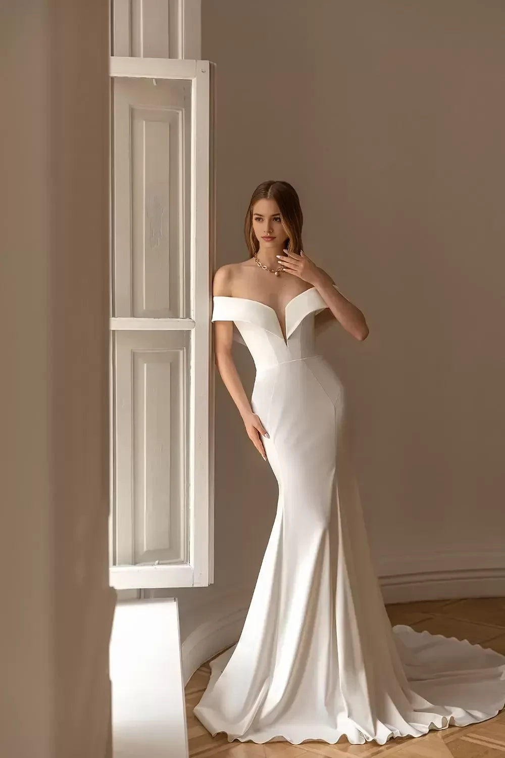 Stunning Mermaid Off Shoulder Sleeveless Open Back Long Length Wedding Dress