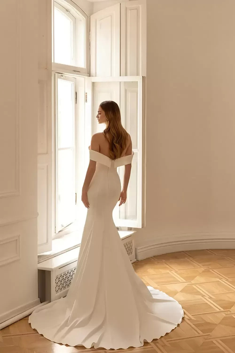 Stunning Mermaid Off Shoulder Sleeveless Open Back Long Length Wedding Dress