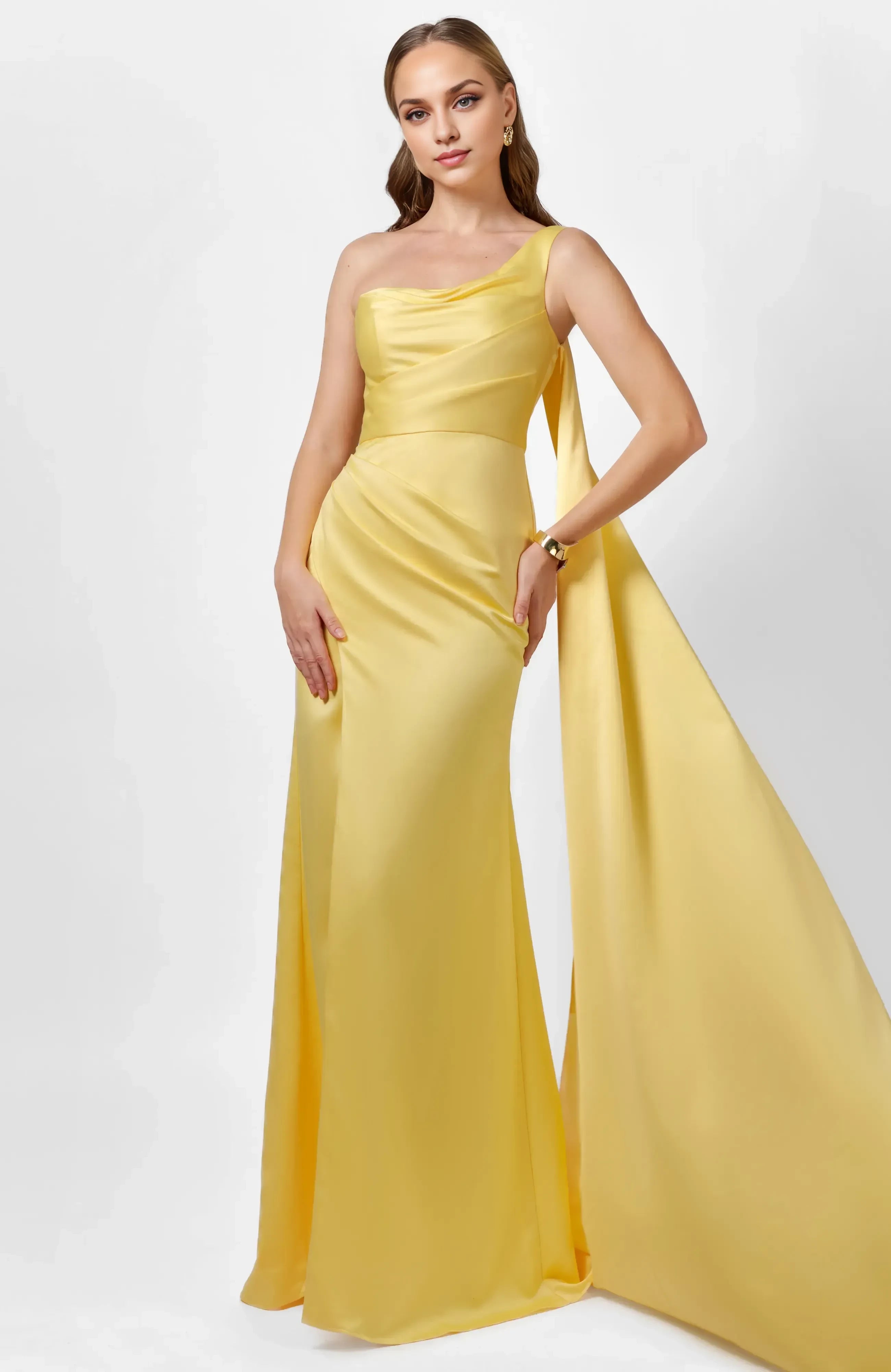 Stunning Mermaid One Shoulder Sleeveless Draped Back Floor Length Evening Dress