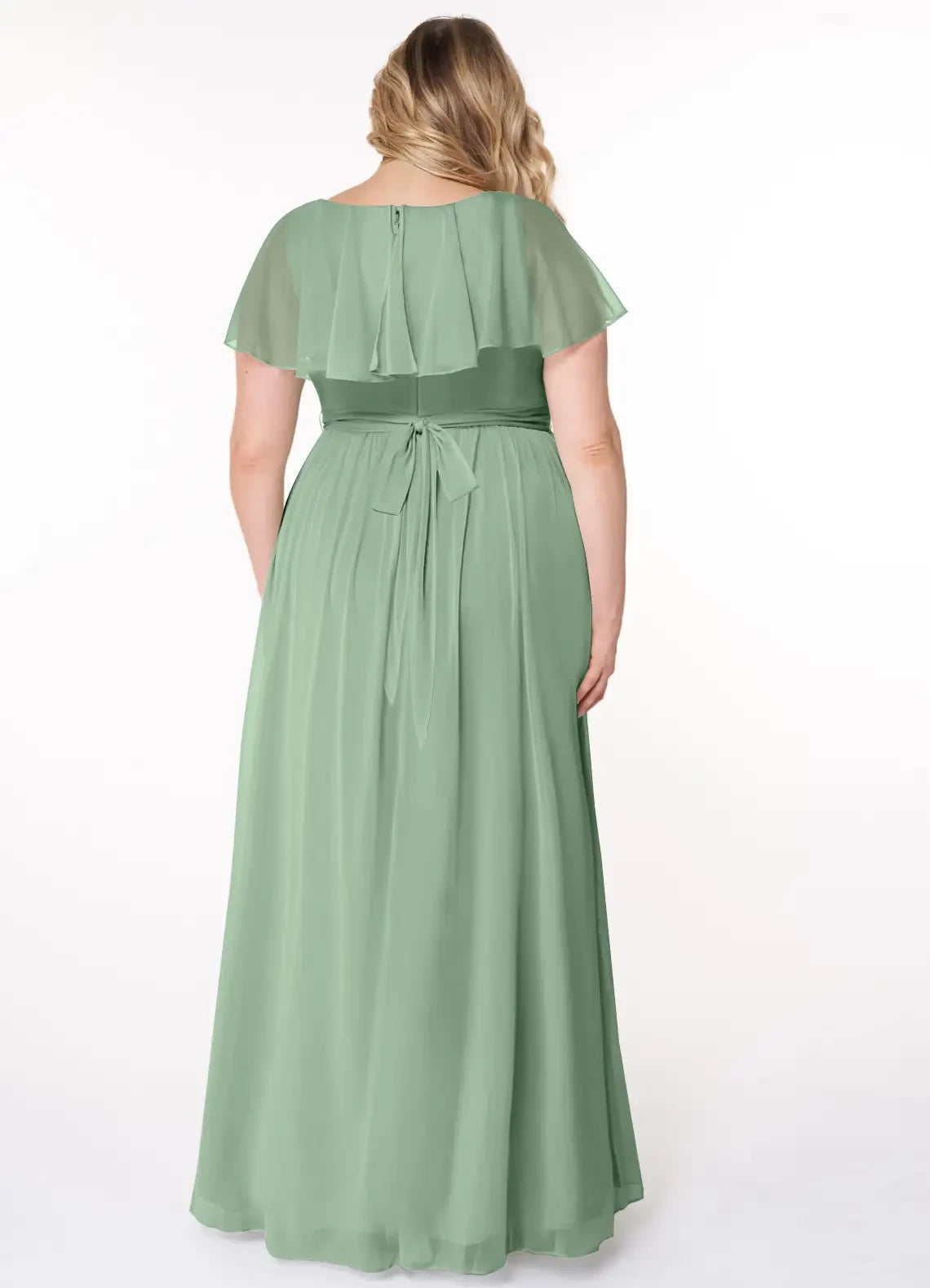Stunning Plus Size A Line V Neck Flutter Sleeve Tie Back Floor Length Bridesmaid Dress