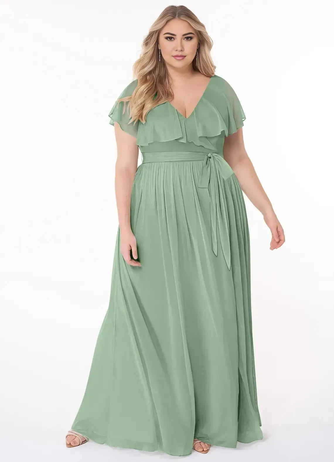 Stunning Plus Size A Line V Neck Flutter Sleeve Tie Back Floor Length Bridesmaid Dress