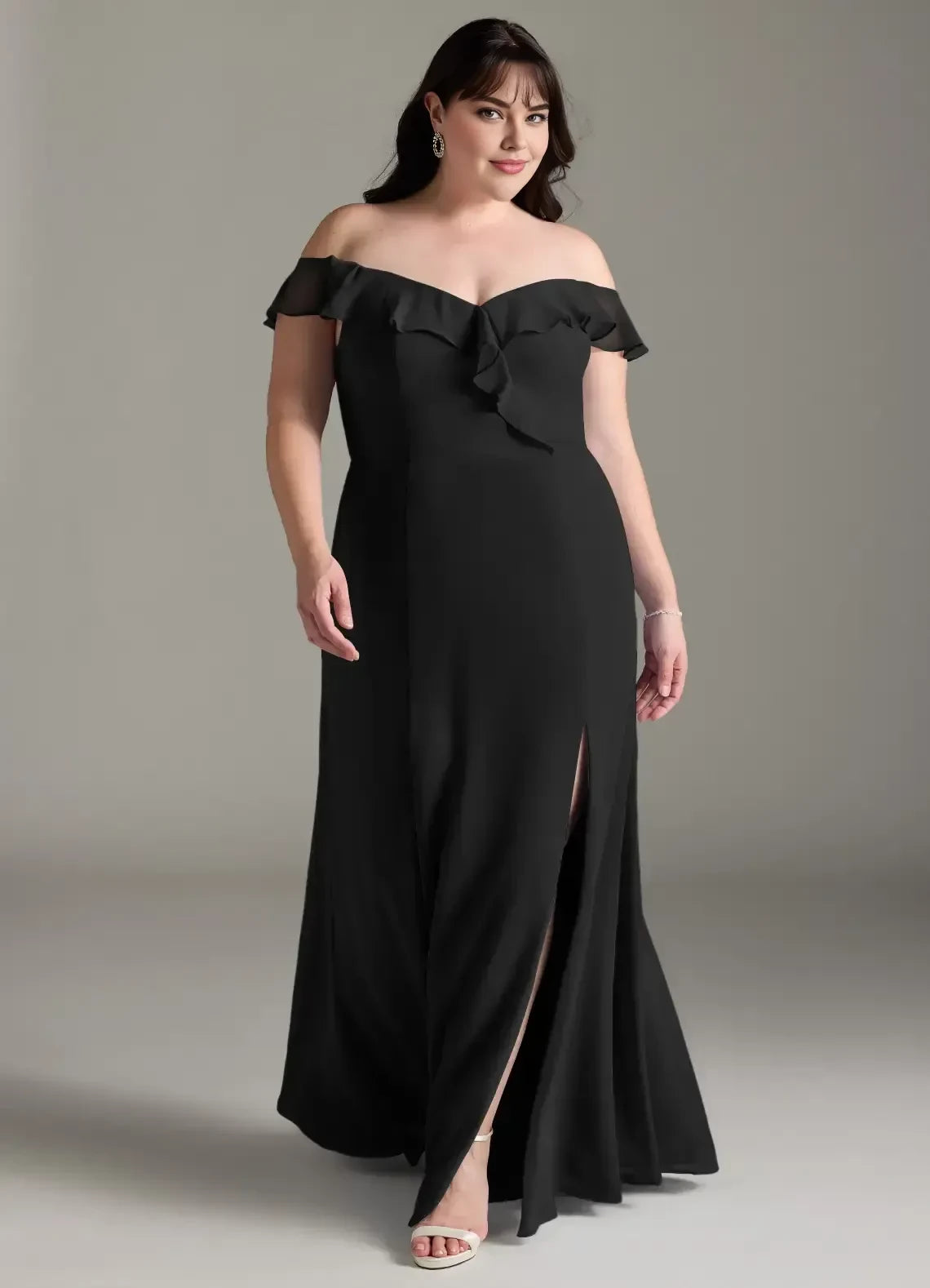Stunning Plus Size Mermaid Off Shoulder Ruffled Sleeve Zipper Back Floor Length Bridesmaid Dress