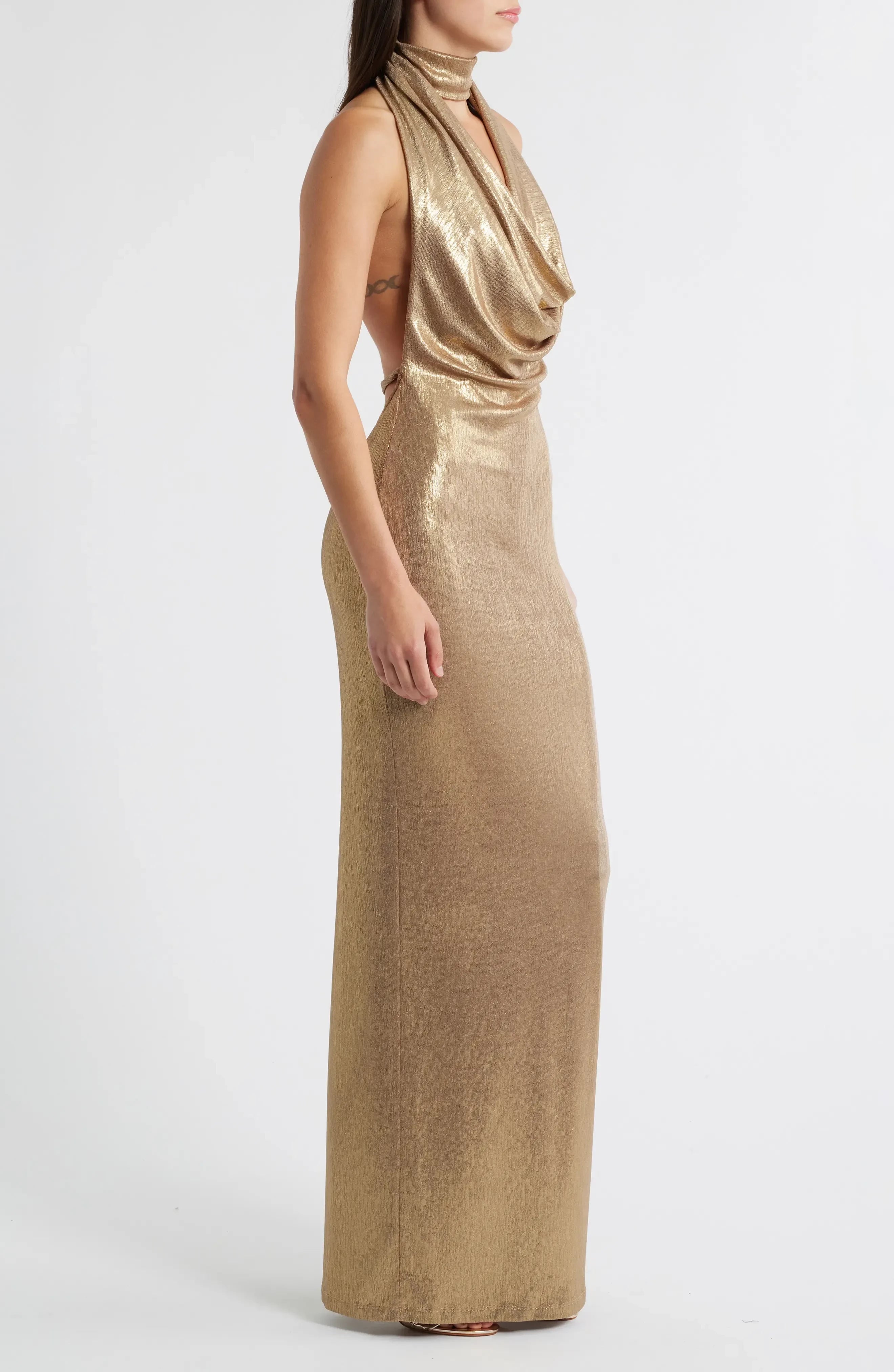 Stunning Sheath Cowl Neck Sleeveless Cutout Back Floor Length Evening Dress