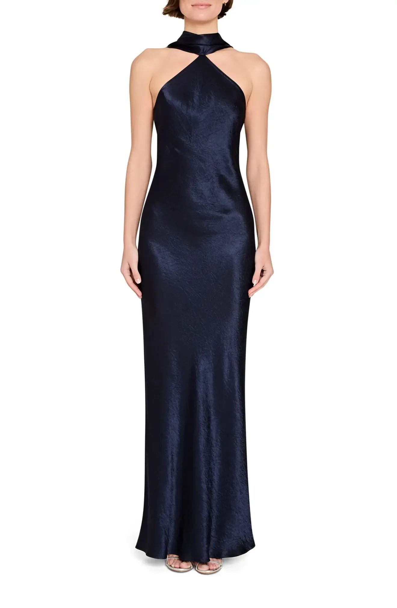 Stunning Sheath Halter Neck Sleeveless Draped Back Floor Length Evening Dress