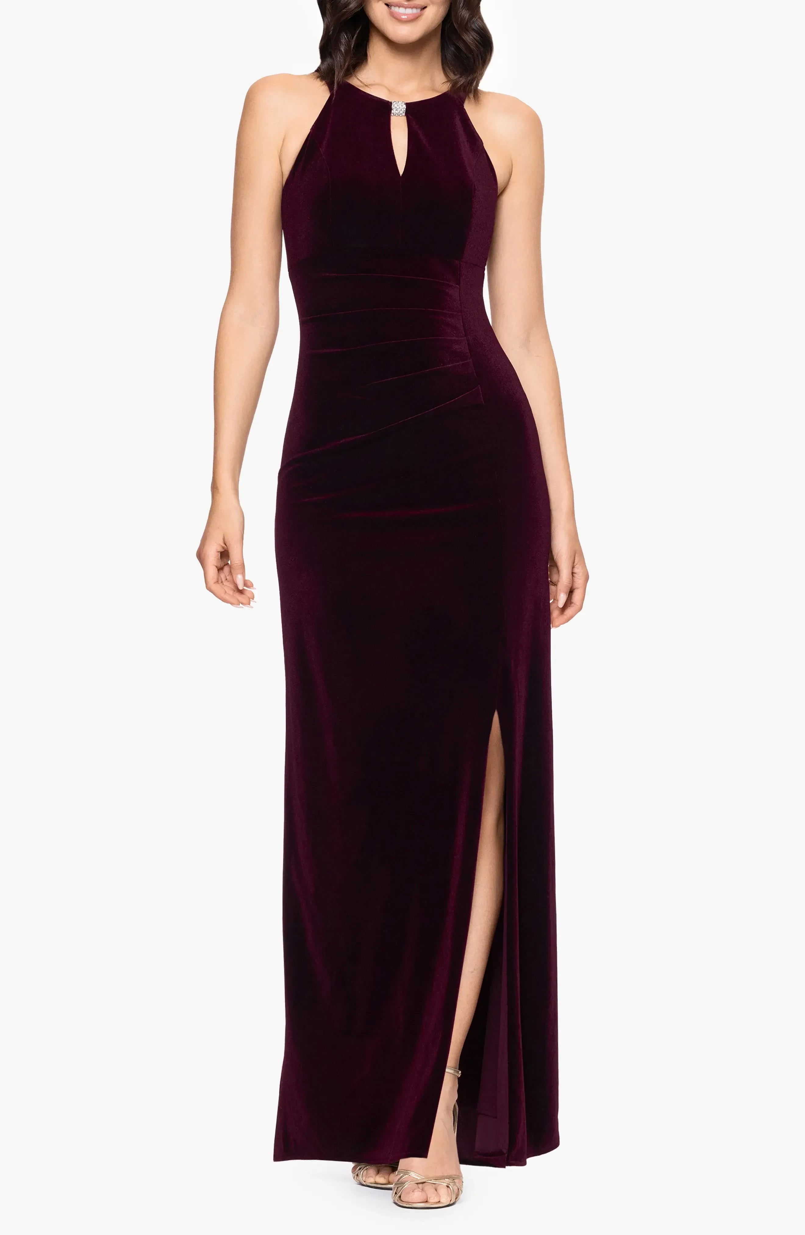 Stunning Sheath Halter Neck Sleeveless Ruched Back Floor Length Evening Dress