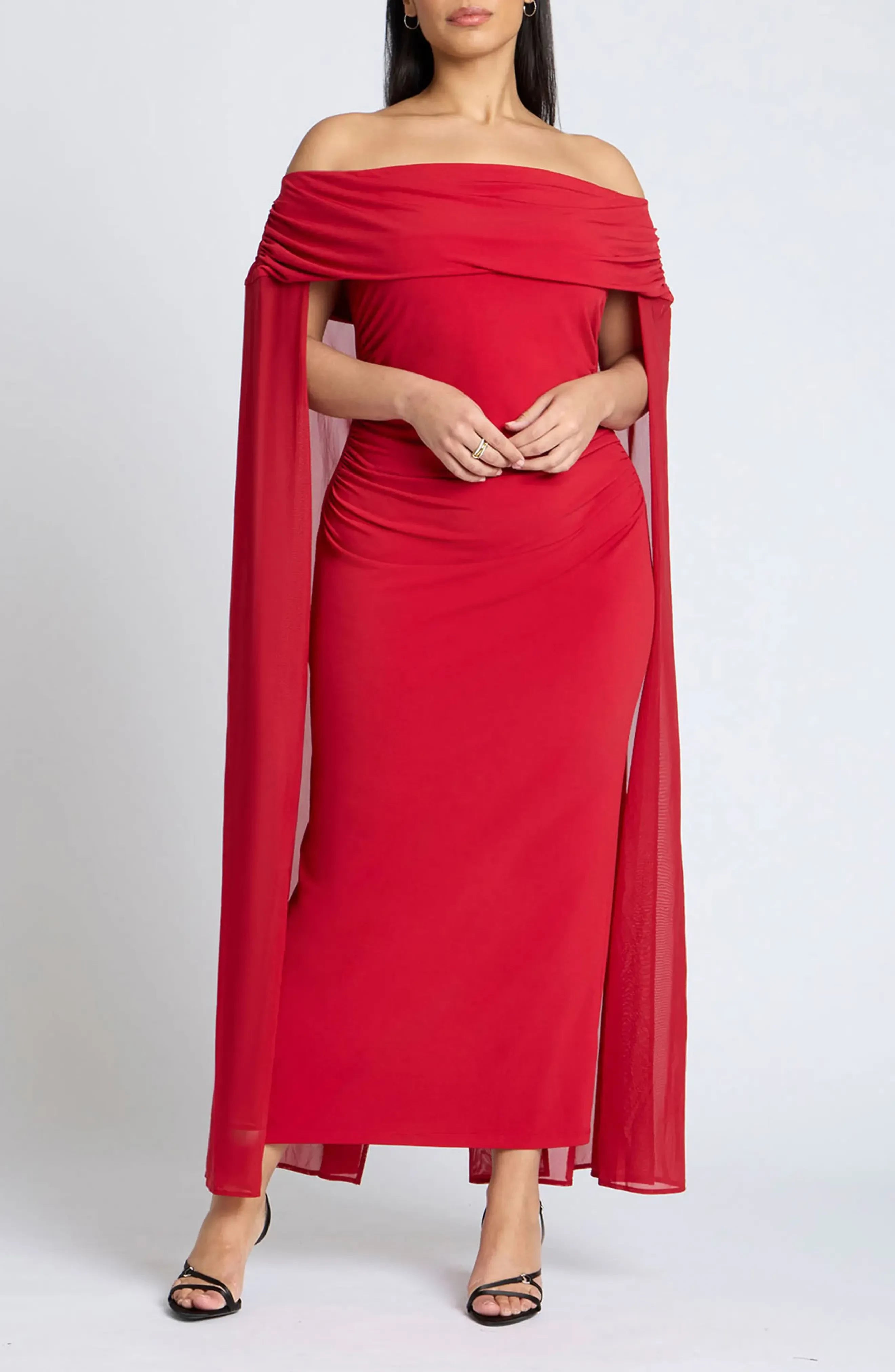 Stunning Sheath Off Shoulder Cape Sleeve Zipper Back Midi Length Plus Size Evening Dress