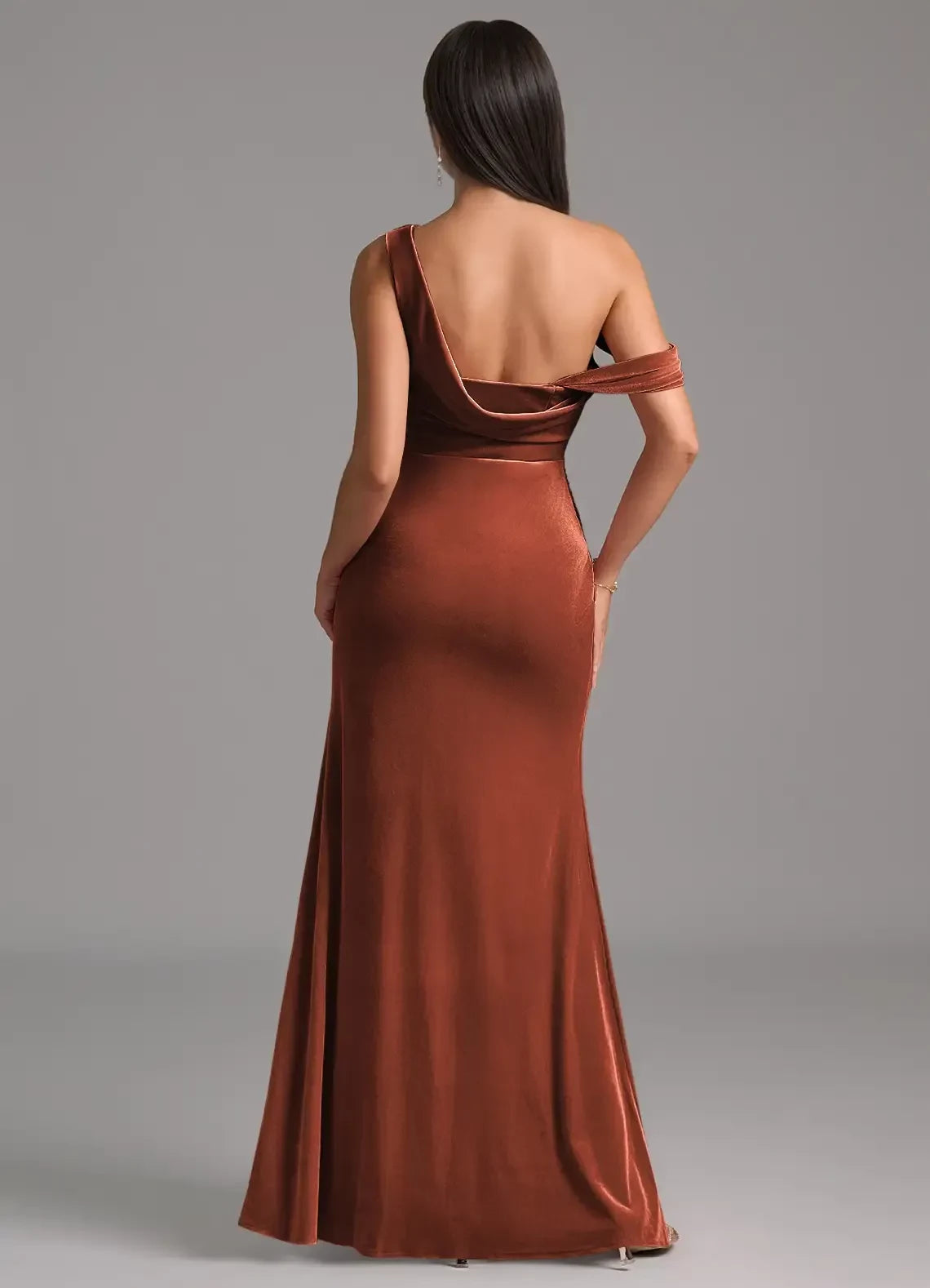 Stunning Sheath One Shoulder Draped Sleeve Open Back Floor Length Bridesmaid Dress
