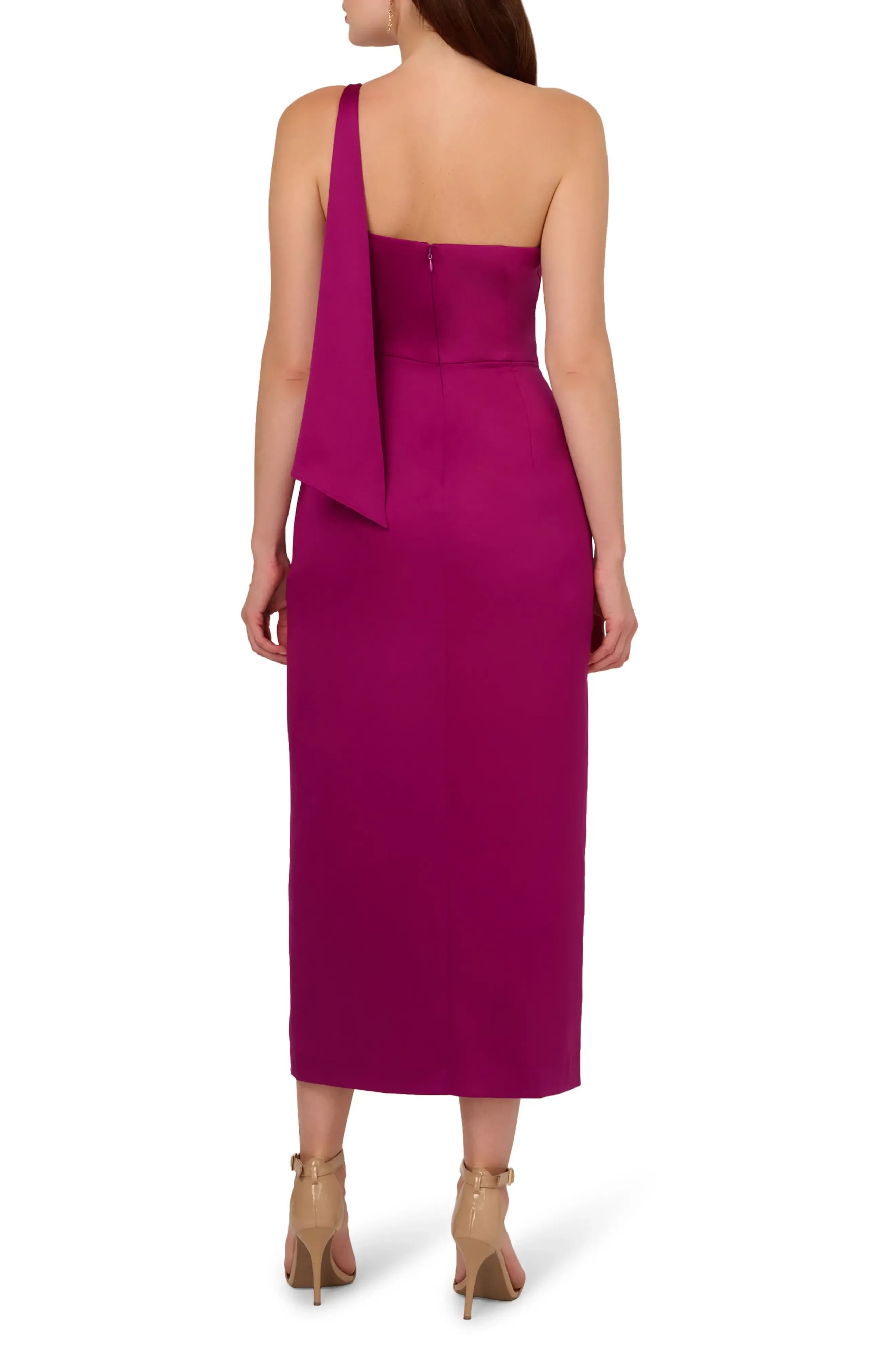 Stunning Sheath One Shoulder Sleeveless Zipper Back Midi Length Bridesmaid Dress