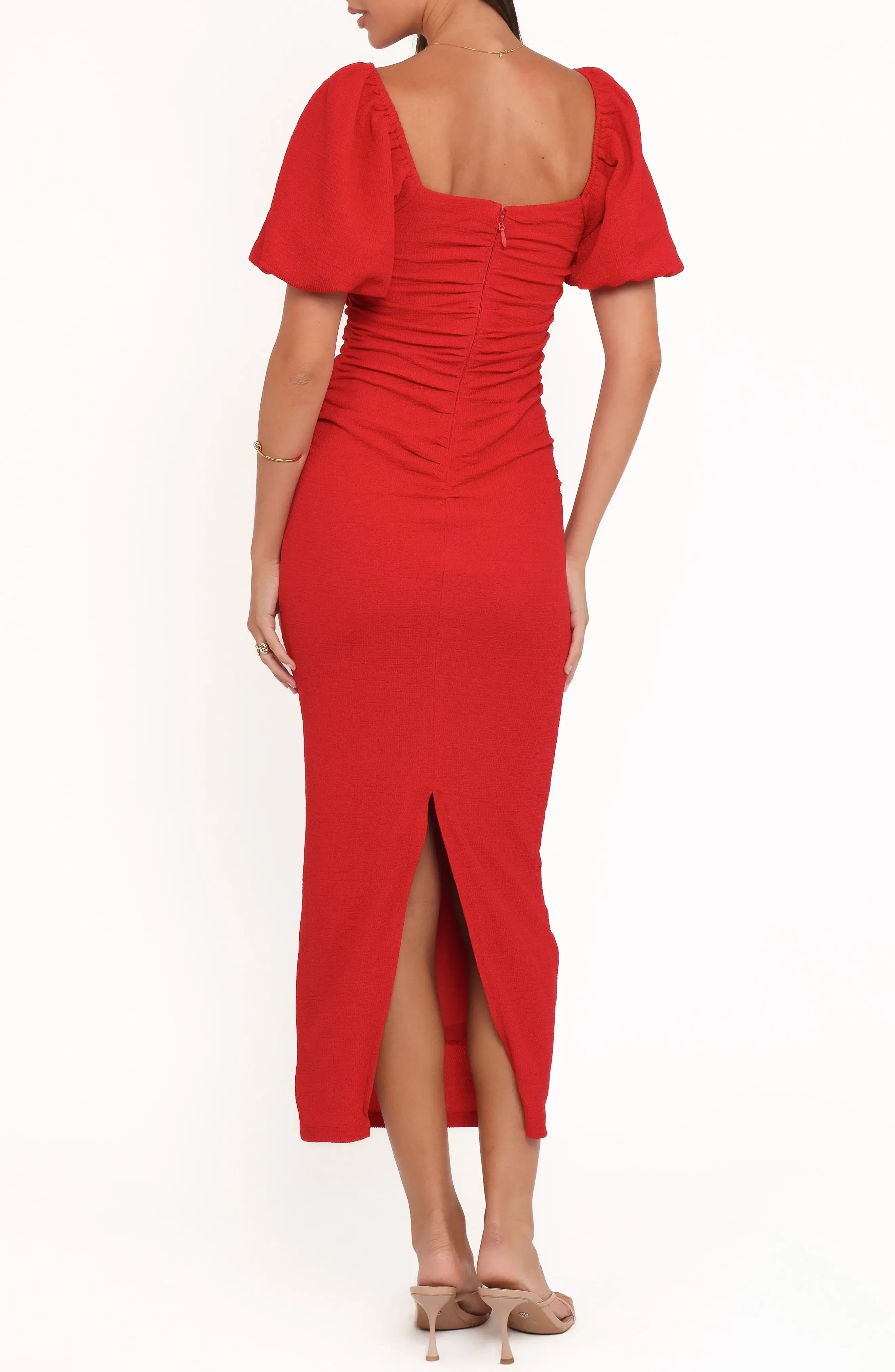 Stunning Sheath Square Neck Puff Short Sleeve Zipper Back Midi Length Evening Dress